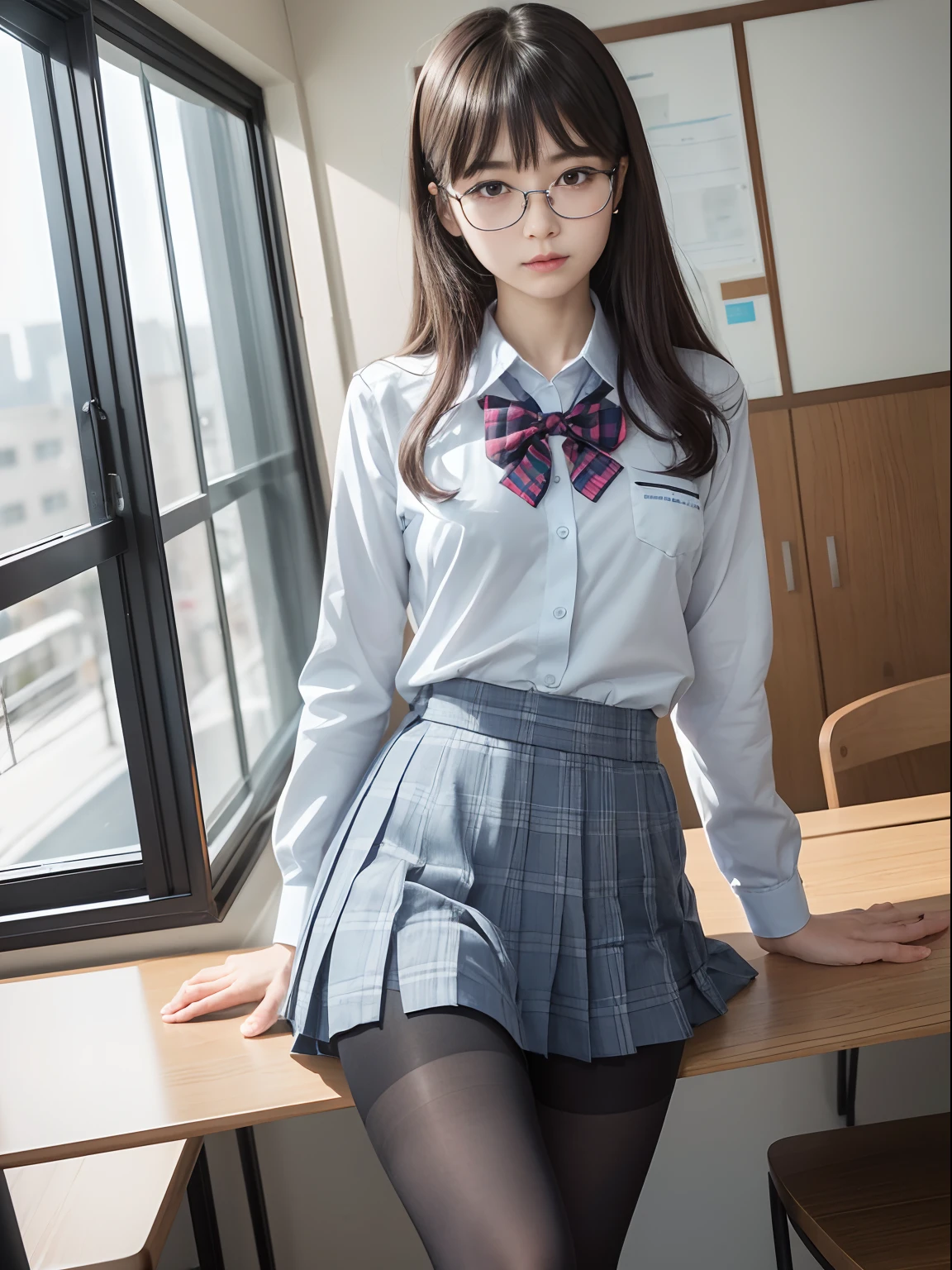 (),(Underwear is visible),（8K、Raw photography、top-quality、​masterpiece：1.2),((small tits))、((small tits))、((small tits))、((small tits))、((small tits))、((A-cup))、((A-cup))、((A-cup))、((A-cup))、((A-cup))、Has a small、(flat breast)、(flat breast)、(flat breast)、(flat breast)、(flat breast)、(being thin)、Rasping,glamor,Chromo-white skin,cocky,School,watching at viewers,Looking at the front,Muchimuchi,High-pitched clothing,Erotic,Pupils,de pele branca,kne,((Black pantyhose)),absurderes,a small face,,Forehead visible,Bangs hanging from the left and right sides of the forehead,(a cold expression,Tight eyes,glares,Bullish,irate)、​masterpiece,top-quality、超A high resolution,Raw photo,ren,Beautiful fece,One Person, 独奏,eye glass,,Dark look,Small breasts,fullllbody,Round glasses,JK school uniform,hi-school girl,A Japanese Lady,is standing,（Photorealsitic：1.37）、Photon mapping,Realistic、Beautie,Cute little face,Brown-eyed、Black socks、(Red bow tie)、Radio City、Physically Based Rendering、depth of fields、Blurry background、a picture,Body,beauty legs, Long legs, Thin leg,(Bangs are visible), hair, s lips, Blue_The eye, nosesoft,(Light blue shirt), (Navy and blue and white plaid pleated skirt), Knees are visible,Sheer clothing,, Thigh, Black cotton socks,Nogizaka Idol, 女優, Japanese ido