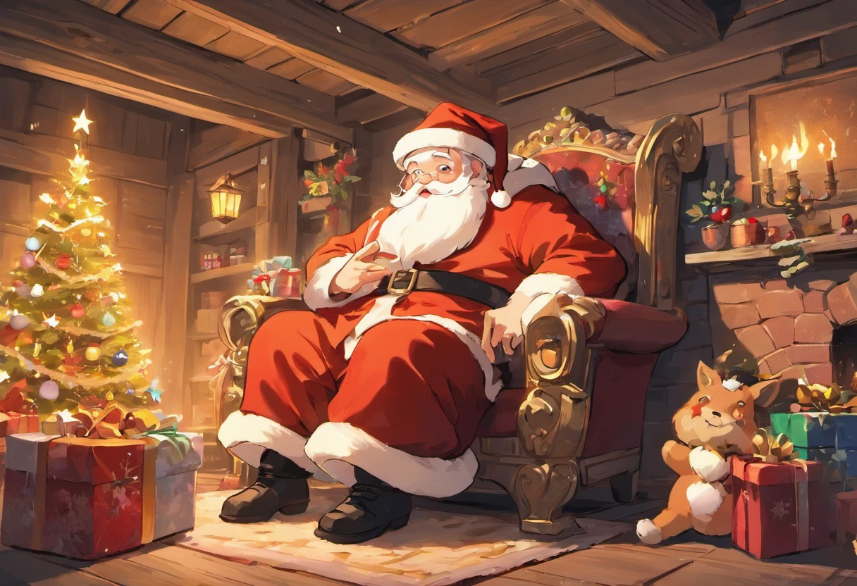 In a European style house,Santa Claus is looking at the gift list,Gift decoration Christmas tree, santa, elk,robin,Christmas elements,European style,The ground is full of Christmas presents,very high resolution, traditional art, Santa Claus Studio, 超高分辨率, illustration, Christmas evening, Extremely high resolution, Santa Claus in a country barn, hyper realisitc,Exquisite、best qualtiy、超詳細、Fine、Positioning details、Colorful colorful