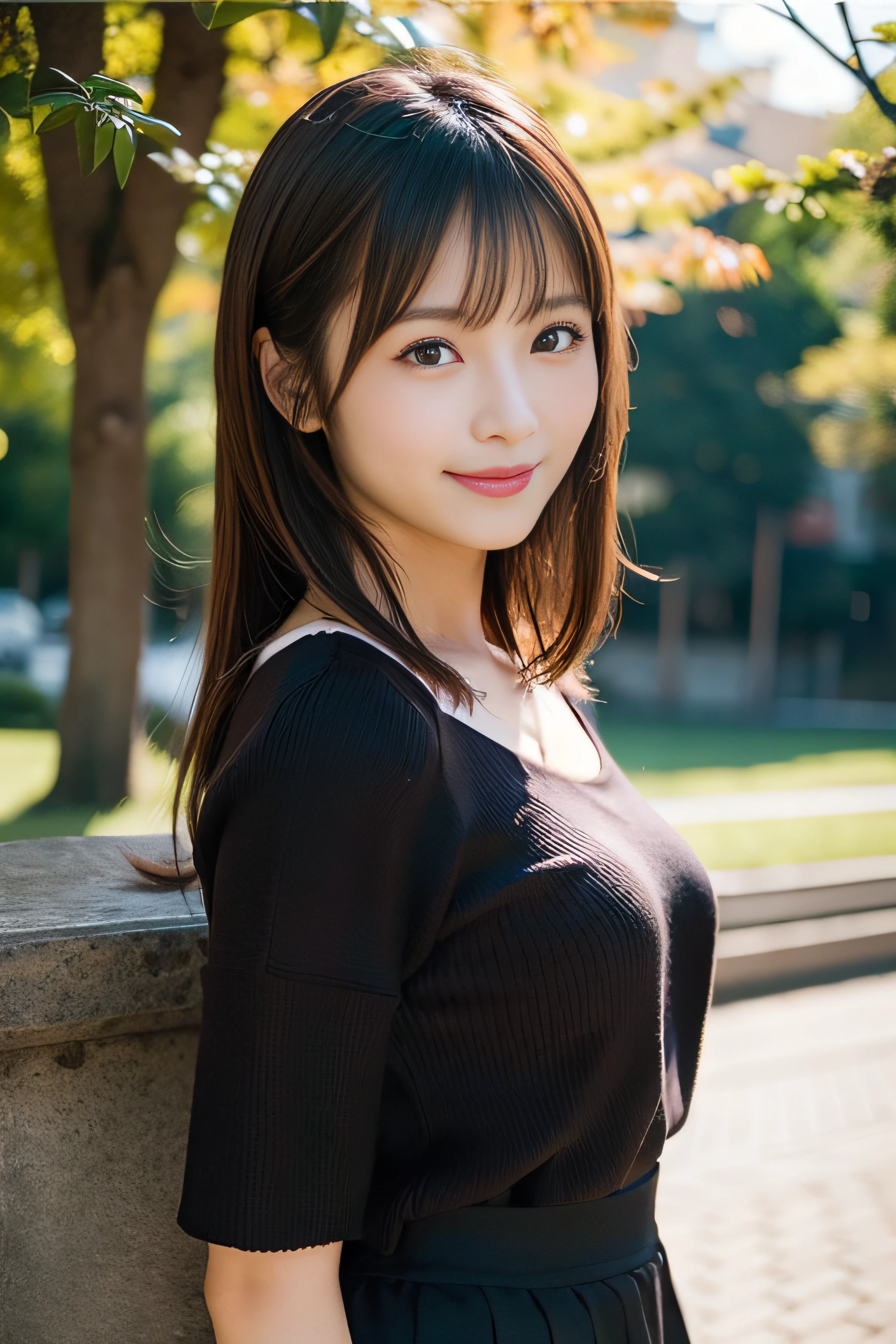 in 8K,Best Quality:1.4, 超A high resolution:1.5, (Photorealistic:1.4),masterpiece:1.2,(top-quality:1.4)、 Raw photo、(the background is blurred), A park on a hill with a good view:1.4、On the lawn、FULL BODYSHOT:1.5、 1日本人の女の子, Cute, (Solo), (Shy smile), Smooth skin、(30-years old:1.4)、to stand、Check miniskirt、Cute mini skirt、 (Brown medium hair,Bangs), (touch hair:1.4)、nogizaka、cute little、Supple fingertips,Beautiful black eyes、natural skin textures:1.3, realistic eyes and face details:1.7、middlebreasts、gazing at viewer、gravure、beauty legs、autumnal