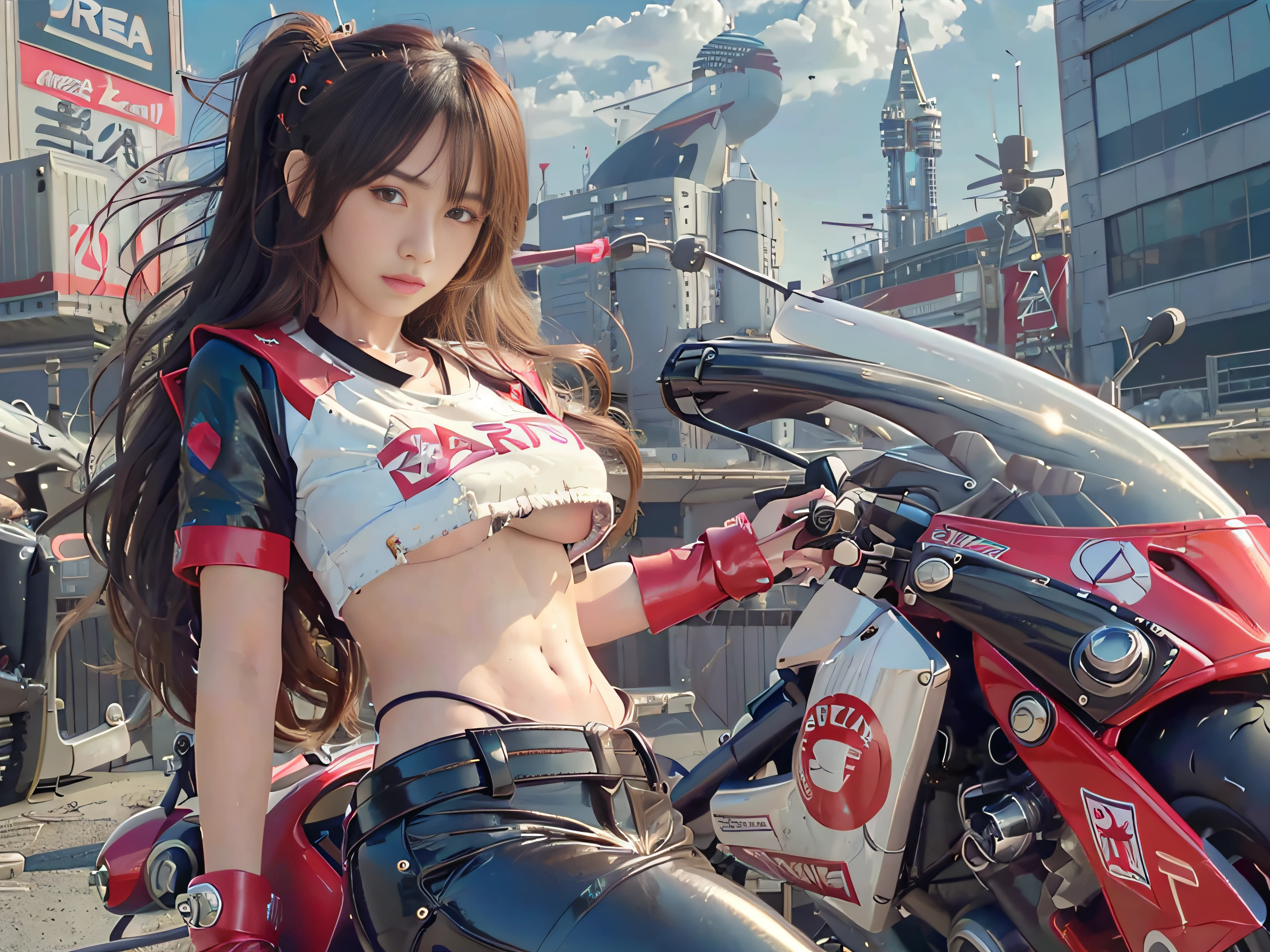 (RAW image quality:1.4)、8K分辨率、Official art, top-quality, masterpiece, 超A high resolution, (Photorealsitic:1.4), Raw photography, ((super realistic details)), portlate, globalillumination, Shadow, octan render, 8K, ultrasharp, 1girl in, 17 age, (long hair flowing with the wind), detailed face depiction, shiny lip, Tsundere and playful look, (Low-rise leather pants:1.4), (Pure White Cropped T-Shirt:1.4), (underboob:1.4), big breasts thin waist, (((1 Akira Bike:1.4))), natta, Cyberpunk City View, Ultra-detailed CG image quality,