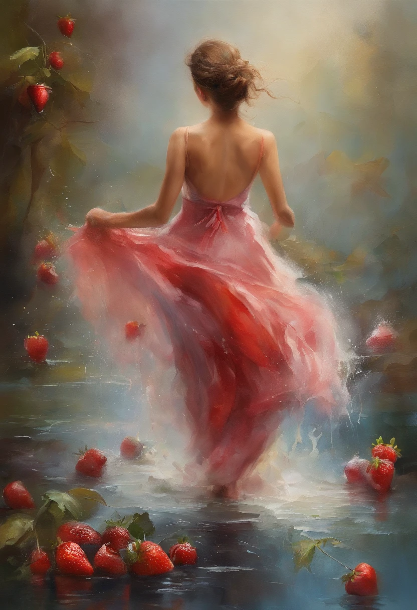 Umamulher em um vestido fino, cabelos molhados, Chuva de frutas, Product photo of 5 strawberries falling into the water,As roupas estavam encharcadas de chuva, A pele fica exposta, messy hair, nariz blush, High detail, Close-up,oto RAW cinematic,foto ultra real,Ultra foto Realsisim,Digital SLR,soft lighting,、Drippy、Splash clear liquid、water bloom,dynamic compositions,(master part) (melhor qualidade) (circunstanciado) (Cinematic lighting) (foco nítido) (intrincado), master part, melhor qualidade, ultra-highresolution, 8k UHD,olhos detalhados_Xl, Detalhador Furtástico