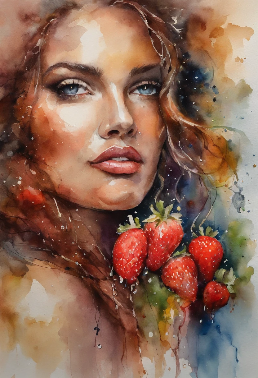 Umamulher em um vestido fino, cabelos molhados, Chuva de frutas, Product photo of 5 strawberries falling into the water,As roupas estavam encharcadas de chuva, A pele fica exposta, messy hair, nariz blush, High detail, Close-up,oto RAW cinematic,foto ultra real,Ultra foto Realsisim,Digital SLR,soft lighting,、Drippy、Splash clear liquid、water bloom,dynamic compositions,(master part) (melhor qualidade) (circunstanciado) (Cinematic lighting) (foco nítido) (intrincado), master part, melhor qualidade, ultra-highresolution, 8k UHD,olhos detalhados_Xl, Detalhador Furtástico