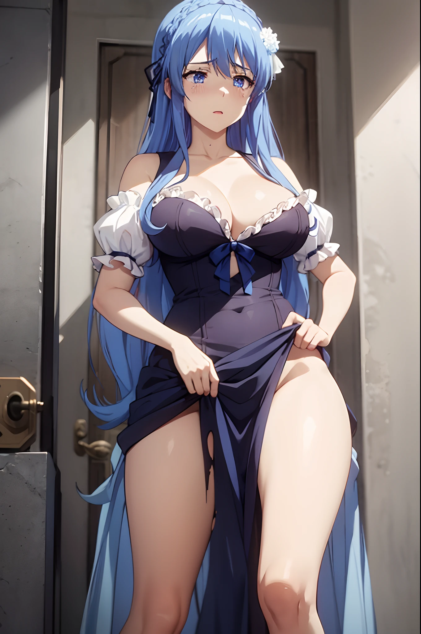 blue hair,masterpiece, best quality, 1girl, thick thighs, prison, large breasts, breasts out, topless, (blank blue eyes:1.2), tied_wrist, spread pussy, after sex, blonde hair, blue eyes, frilled dress, blue dress, dress, puffy nipples, dark nipples, sex, cum, cumdrip, spread legs, (torn clothes:1.2), tears, streaming tears, crying with eyes open, drill hair, twin drills, looking away, fucked silly, bukkake, from front,