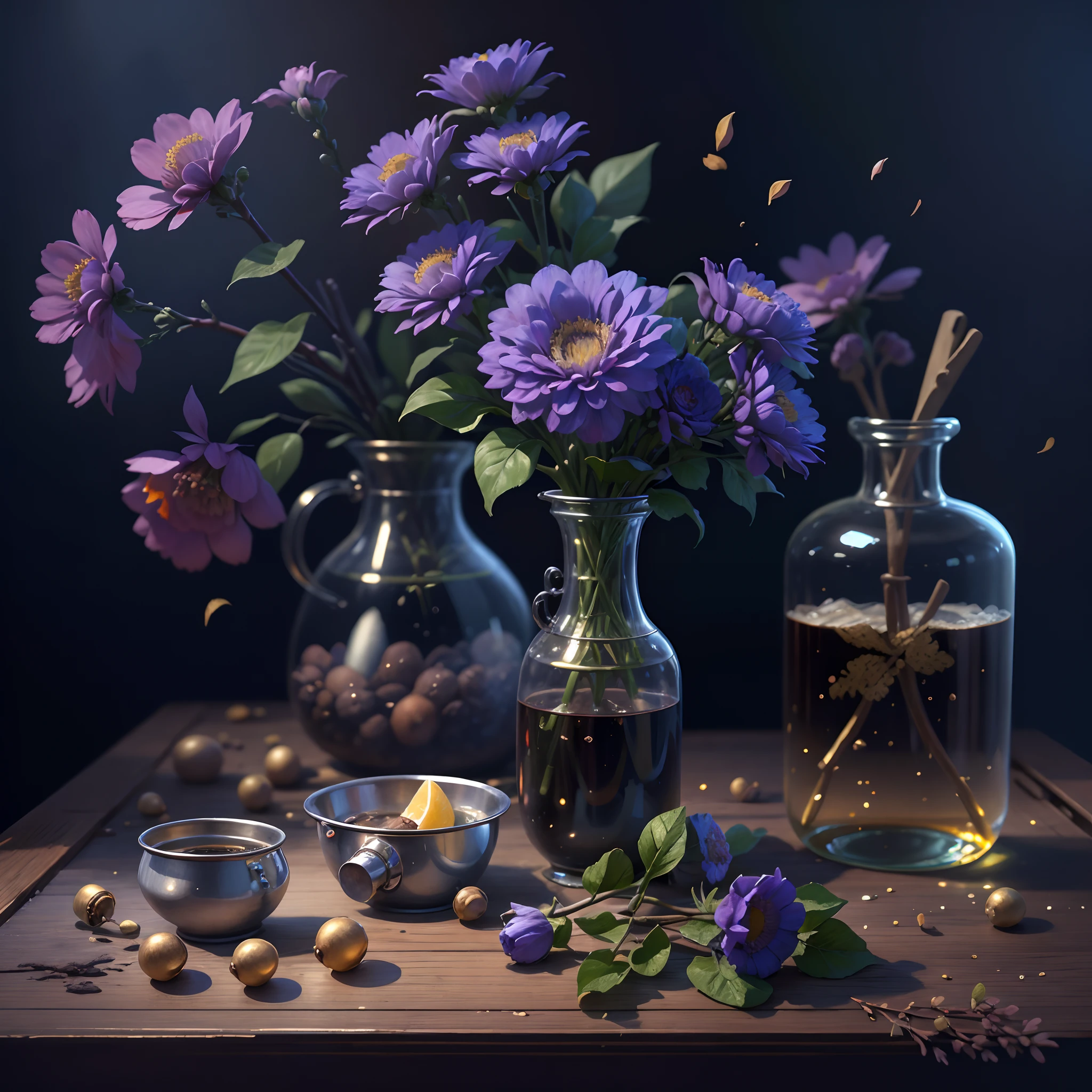 best qualtiy，tmasterpiece，超高分辨率，（photograph realistic：1.4），ultra-realistic realism，On the table， [Blue Higan flowers bloom in a vase]，Dieselpunk AI kitchen