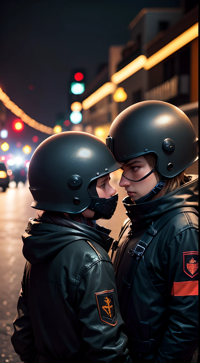 Black night，streets background，They wear helmets，They are looking at each other，The upper part of the body