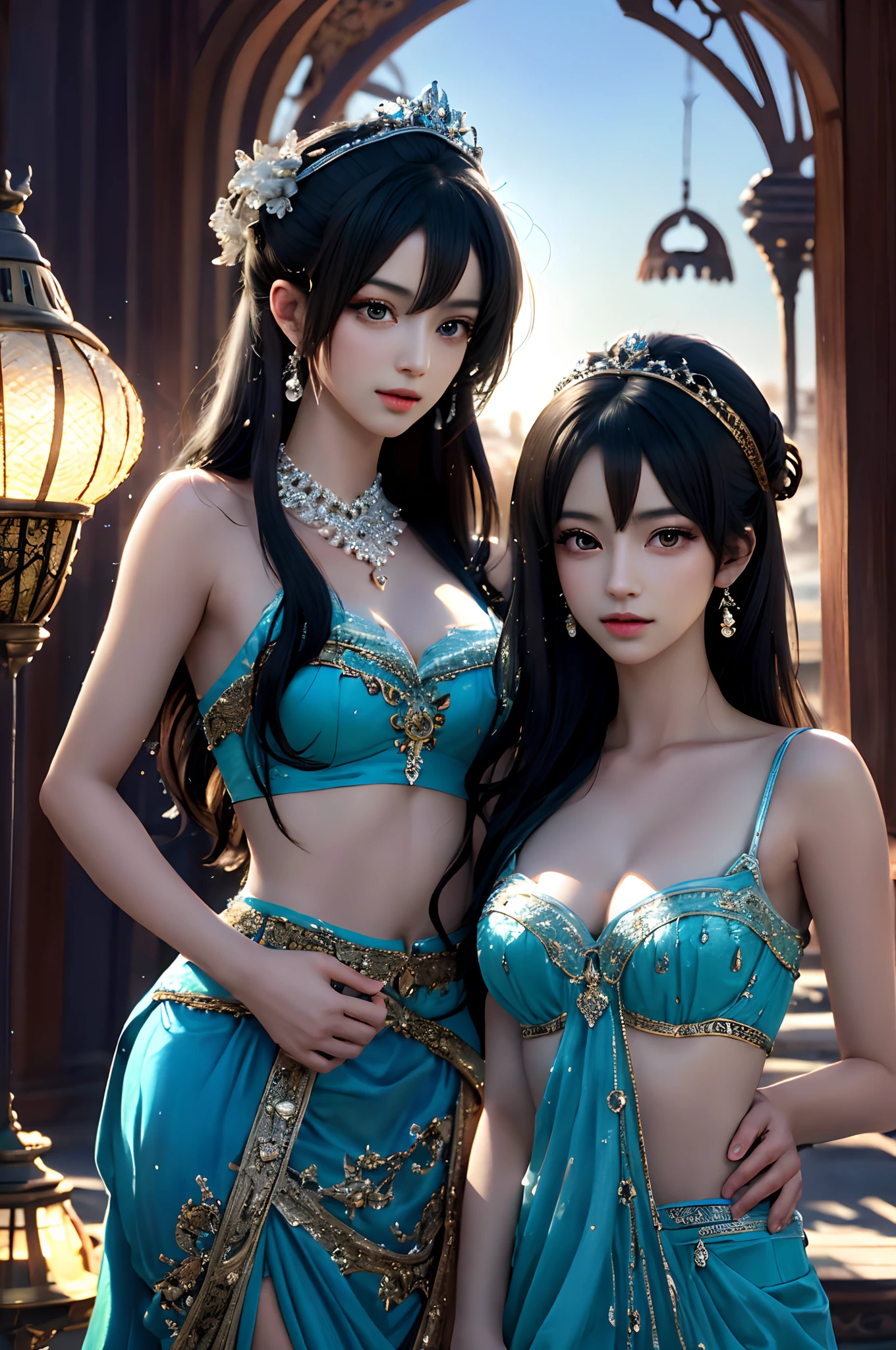 Top quality, Best quality, High-quality illustrations, Masterpiece, Super high resolution, Detailed background, Detailed background, duo,two concubines,Aladdin, Entertainment at the Arabian Palace, Sassanid dynasty, Turkish lamps,group picture:0.1,  6+Women, 6+Girls, absurderes(Highly detailed beautiful face and eyes)Perfect anatomy, expression, Good lighting, cinematic shadow,(komono,),