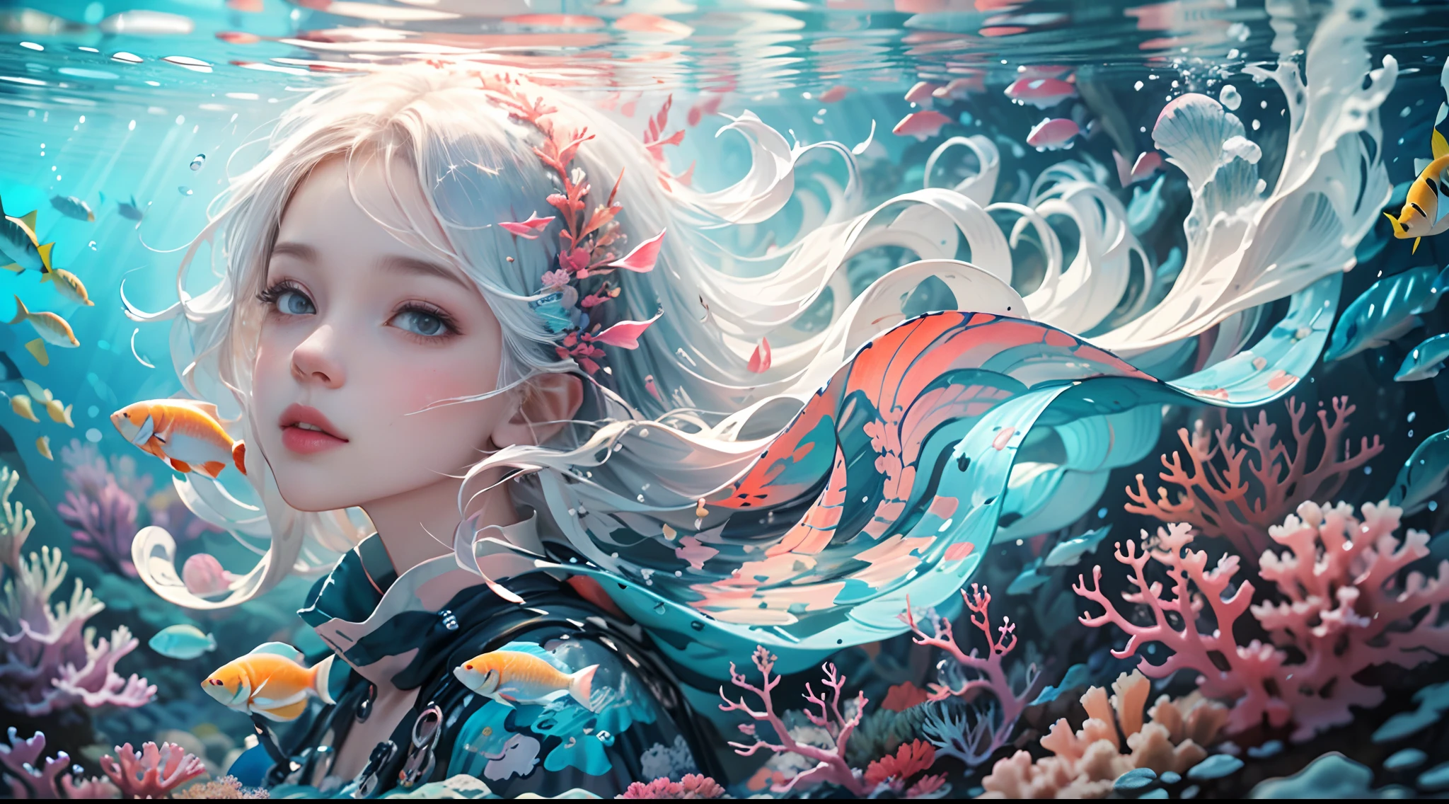 Conceptual art of marine life, Undersea landscape, Marine life,Beautiful coral reefs come in different shapes, 。.3D,, Fish, Female animated fantasy illustration. Long white hair scattered in the sea, Drift, Very harmonious. The whole painting adopts a messy and imaginative painting style. The colors are bright and saturated, line sleek. The mystery and beauty of the ocean, The painting depicts an underwater world full of life and vitality, Animated art wallpaper 8 K