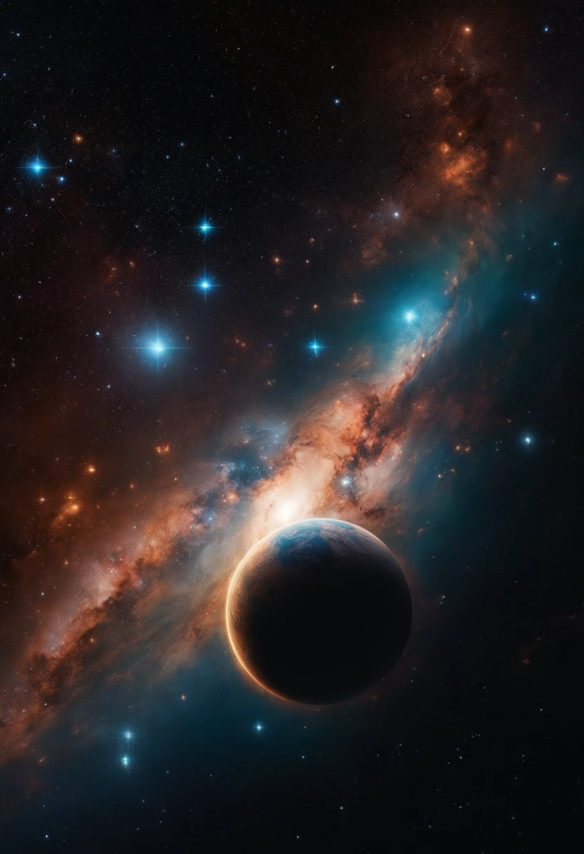 galaxomorfo um planeta se transforma em uma galaxia, com cores maravilhosas, stars as arms, aLguns planetas voam em um fundo preto,L