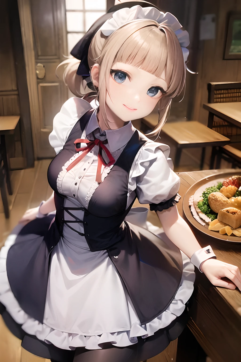 ((Maids:1.5)), ((Kyoto Animation Style)), super precision, masterpiece, very extremely beautiful, Princess Face, shorth hair, Straight hair, a blond, ((Short ponytail:1.5)), ((Straight bangs:1.5)), ((hime-cut:1.5)), big eye, Blue eyes, Medium chest, Made Vest, pinafore, pleatedskirt, lowfers, Maid Cap, BREAK, Red ribbons, cowboy shot, dynamicposes, Dining hall, A slight smil, Walking, A sexy,
