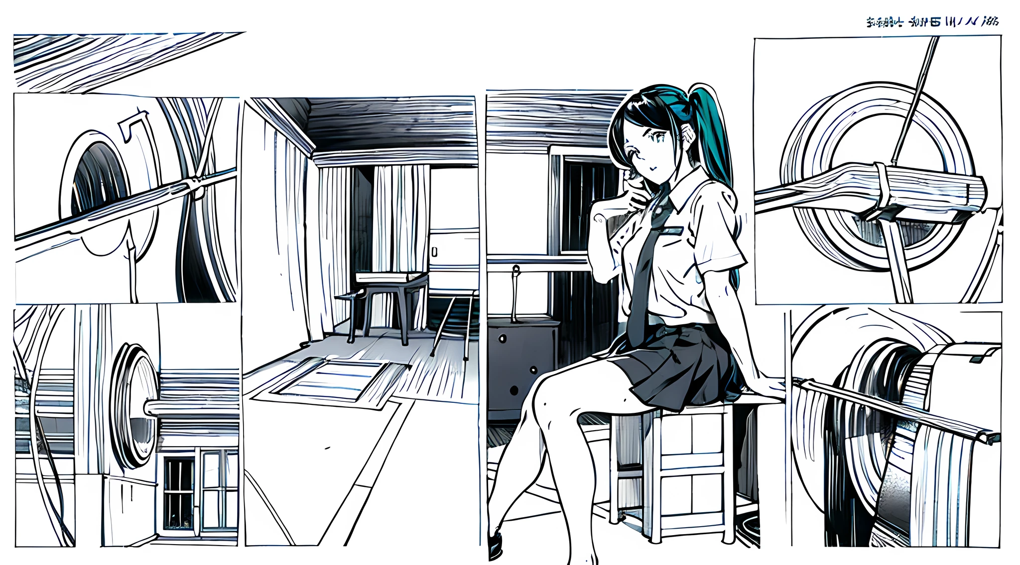 hatsune miku:1.5, vocaloid, teal hair color japanese manga, manga page, high res, ultrasharp, 8k, masterpiece:1.2, manga panel, story, detailed eyes, intricate background, manga style, monochrome, twintail hair, different pose, idol scene, singing pose, extremely fine, detailed hand, schoolgirl uniform, (illustration:1.2 black and white), (best quality), (illustration:1.2 black and white),(best quality), (extremely detailed 8k wallpaper of the unit, black and white image, made in HB graphite pencils, (full body:1.05), sharp focus,