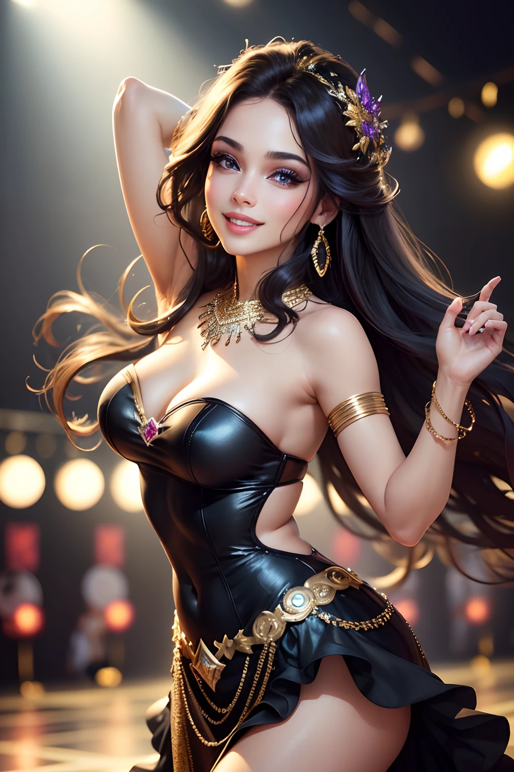 (best quality, highres, ultra-detailed), (realistic:1.37), beautiful detailed eyes, beautiful detailed lips, extremely detailed eyes and face, long eyelashes, dark flowing hair, elegant black dress, joyful expression, dynamic pose, vibrant atmosphere, lively dance floor, colorful disco lights, upbeat music, energetic party atmosphere, celebration, festive mood, happy crowd, lively conversations, cheerful ambiance, captivating moments, glimmering makeup, stylish accessories, sparkling jewelry, dazzling smile, vibrant energy, youthful spirit, vibrant colors, glamorous fashion, trendy hairstyle