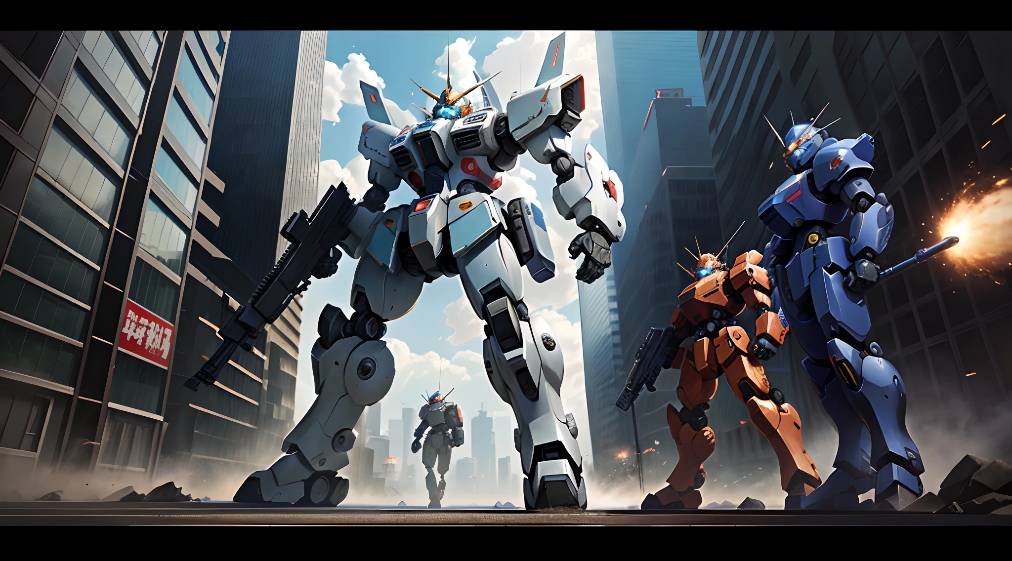 Artwork in anime style,Two robots holding guns in the city, Mobile Suit, modern mecha anime, Best anime 4k konachan wallpaper, gouf mobile suit, soldiers and mech fight, cool mecha style, Badass anime 8 K, mech machines firing bullets, war mechs fighting, anime mecha aesthetic, year 3 0 0 0, year 3000 --auto