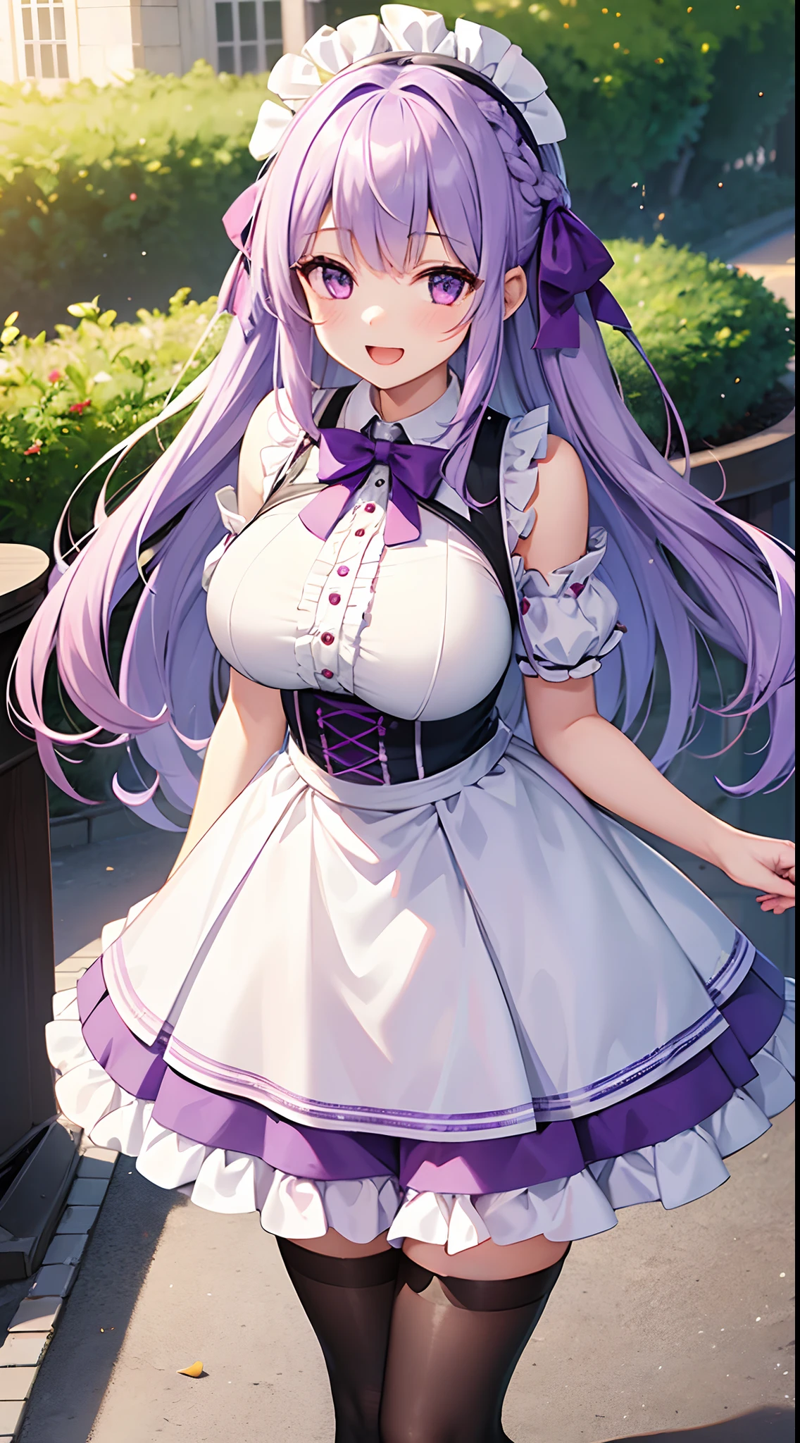 1 girl, game CG, frilled shirt, shoulders visible, short skirt, hair ribbon, gigantic breasts, light purple hair, long hair, french braid, purple eyes, park, smile, open mouth, dynamic,