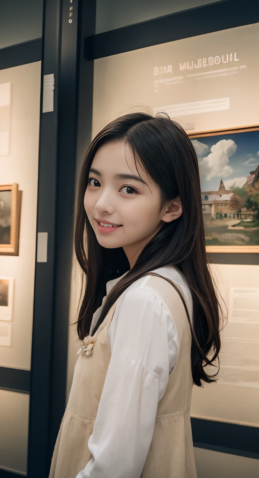 (top-quality、masterpiece:1.2)、Best Quality、realisitic、photoshot、hight resolution、1080p、8K、Textured skin、Physical Rendering、1 Japan Girls、High 、kawaii、Young Face、Rolled hair、(Inside the museum:1.5)、Autumn outfit、full of shyness、smil、Big