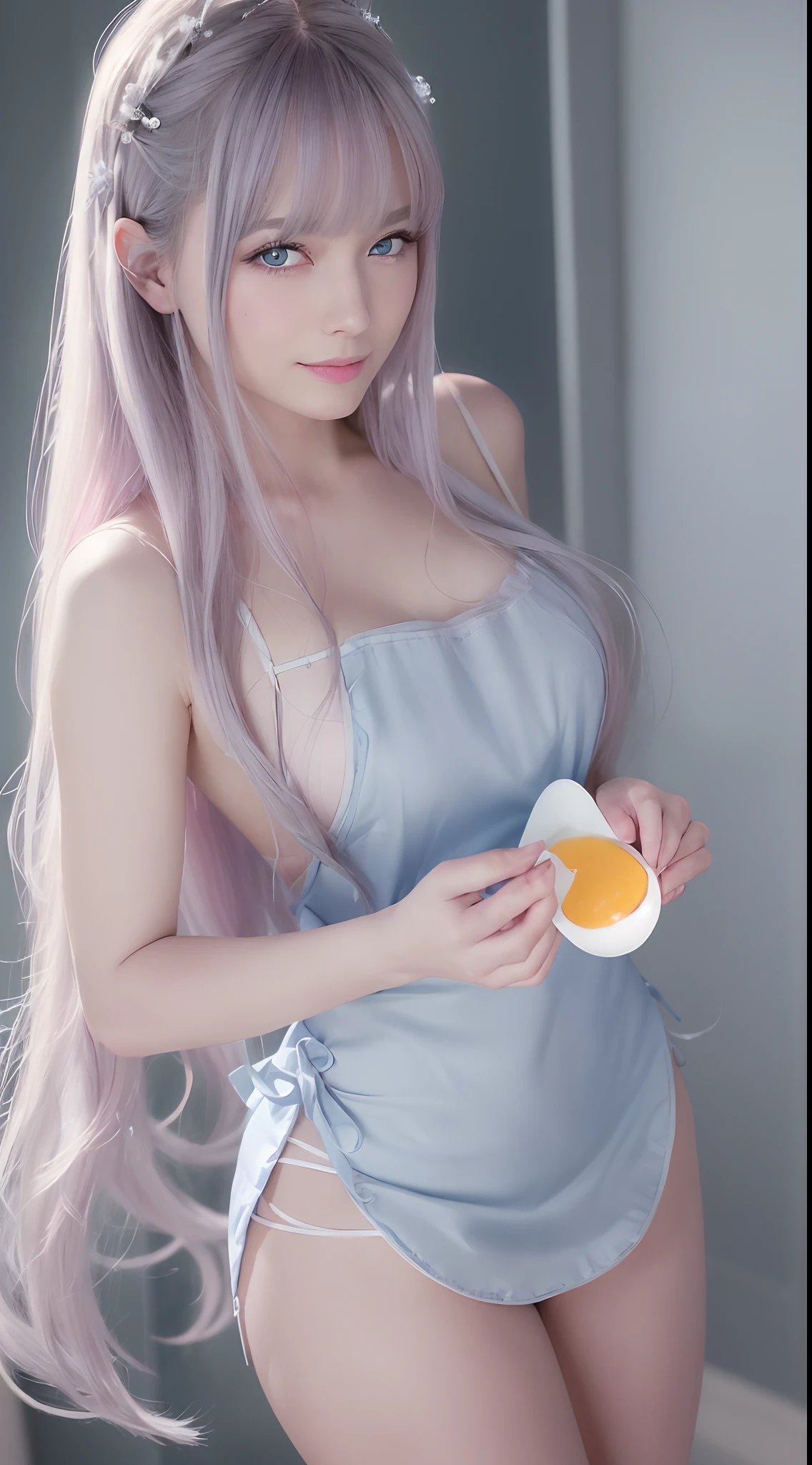 (Best quality, Ultra-detailed, photo-realistic:1.37), sliver long hair, Fantastic blue eyes, Happy woman beating eggs with chopsticks, Soft lighting, pink apron, illustration, bangs, Flowing hair, Gentle breeze, Shiny hair, Thick egg whites