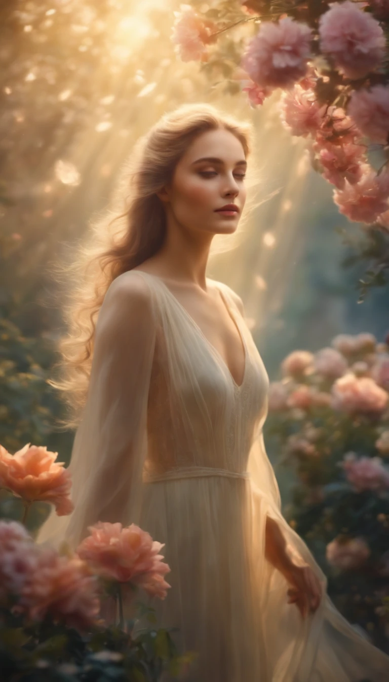 a girl transitioning into a spirit form, ethereal, translucent skin, glowing and vibrant colors, flowing and weightless hair, delicate and detailed facial features, sparkling and luminous eyes, peaceful and otherworldly atmosphere, surreal and dreamlike scenery, a garden filled with vibrant flowers, rays of soft and warm sunlight shining through the trees, a sense of serenity and tranquility, a connection between the physical and spiritual realms, a graceful and floating pose, an aura of mysticism and magic, a sense of freedom and liberation,
(best quality,highres,masterpiece:1.2),ultra-detailed,(realistic,photorealistic,photo-realistic:1.37),airy and surrealistic painting style, pastel color palette, soft and hazy lighting, subtle and gentle transitions between colors, a sense of motion and energy in the composition, exquisite attention to detail, a heavenly and celestial aesthetic, a moment frozen in time.