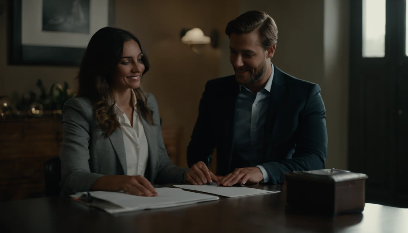 Porter veste gris au bureau en plein signature de contrat , des millions d'euros sur la table , negotiating with a married couple , face au bureau dans le bureau, regardant le couple en souriant, Young Métis woman Latin America