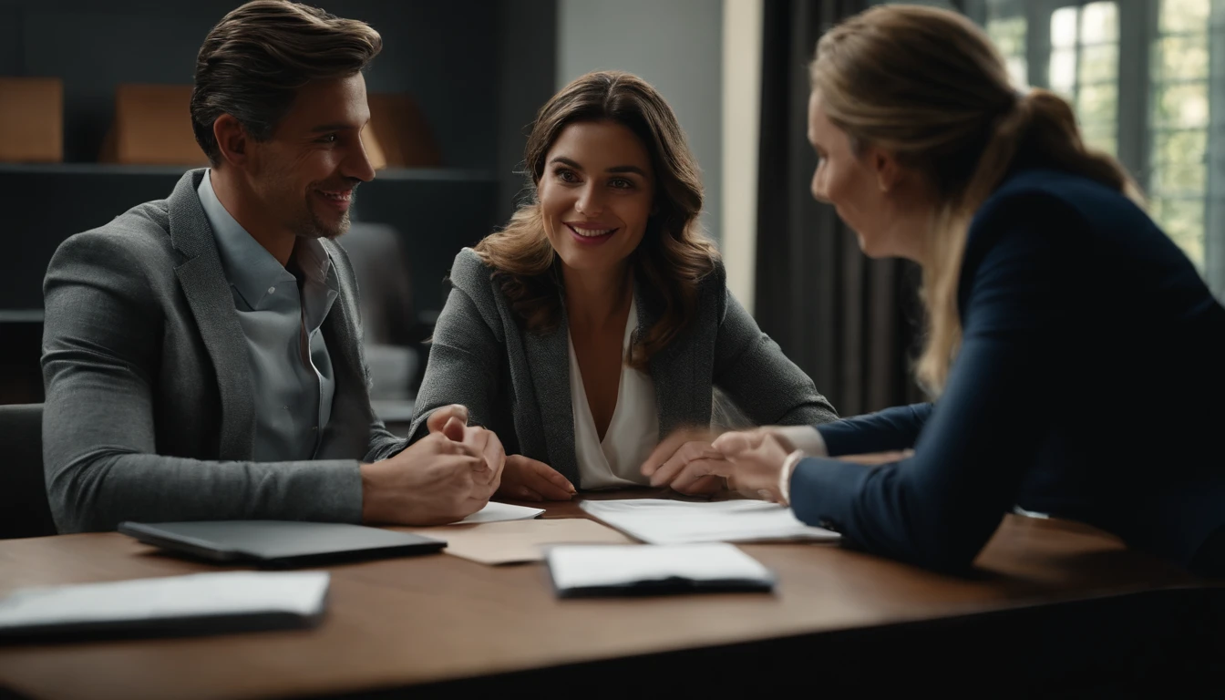 Porter veste gris au bureau en plein signature de contrat , des millions d'euros sur la table , negotiating with a married couple , face au bureau dans le bureau, regardant le couple en souriant, Young Métis woman Latin America