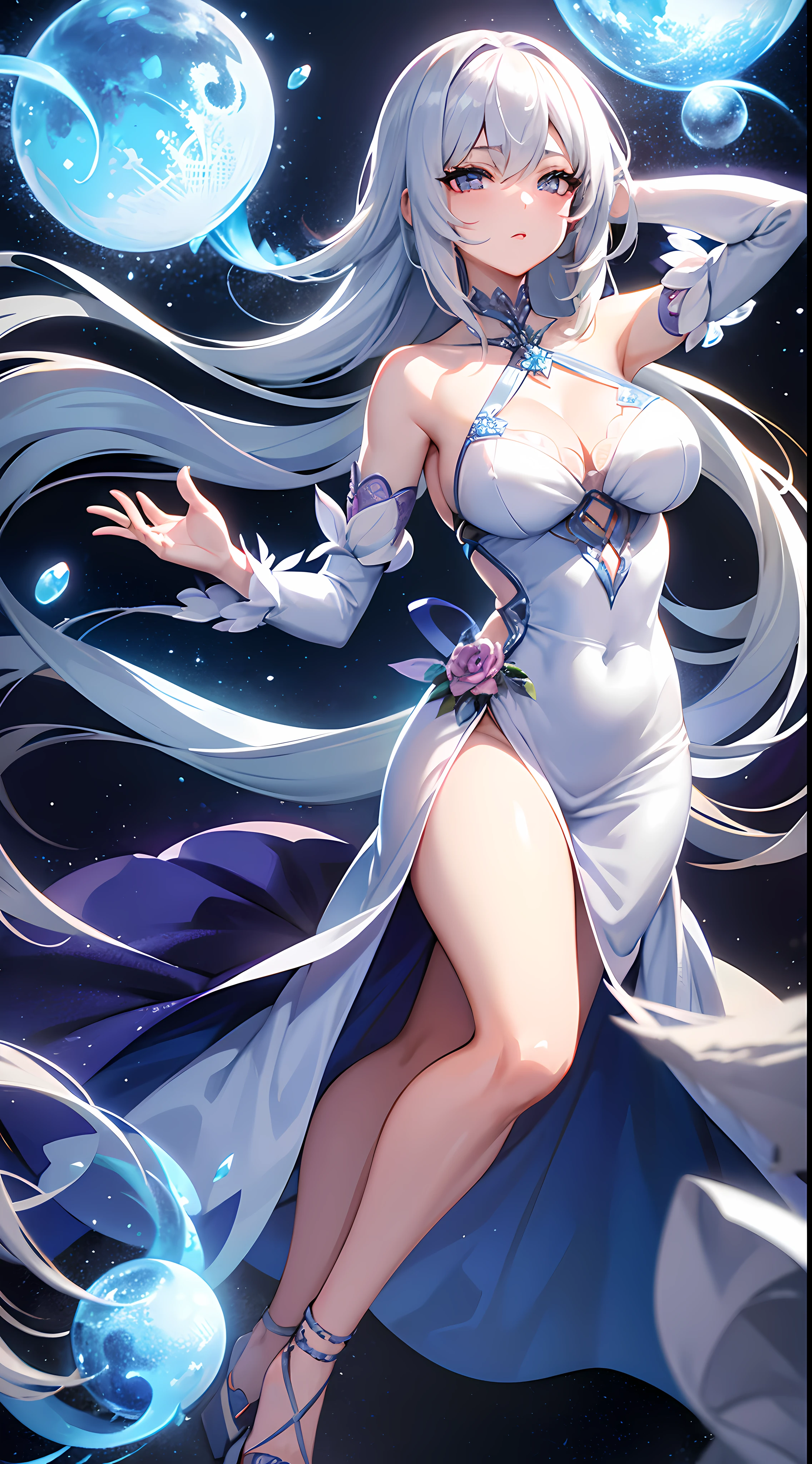 Describe a sexy silver-haired anime girl who possesses magical powers and is known for her determination and courage. She wears an elegant dress adorned with floral motifs and is often accompanied by a mysterious familiar.