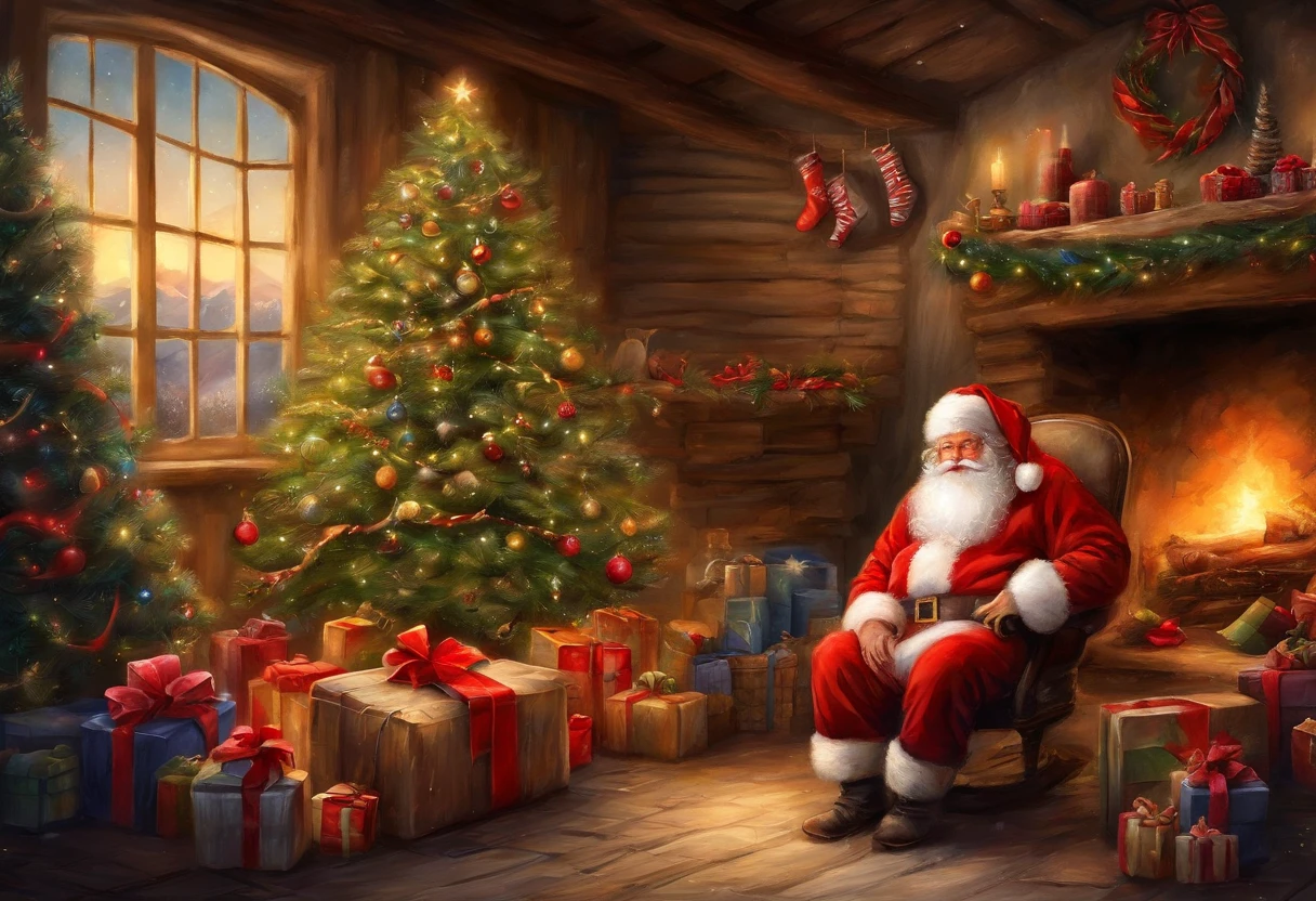 In a European style house,Santa Claus is looking at the gift list,Gift decoration Christmas tree, santa, elk,robin,Christmas elements,European style,The ground is full of Christmas presents,very high resolution, traditional art, Santa Claus Studio, 超高分辨率, illustration, Christmas evening, Extremely high resolution, Santa Claus in a country barn, hyper realisitc,Exquisite、best qualtiy、超詳細、Fine、Positioning details、Colorful colorful