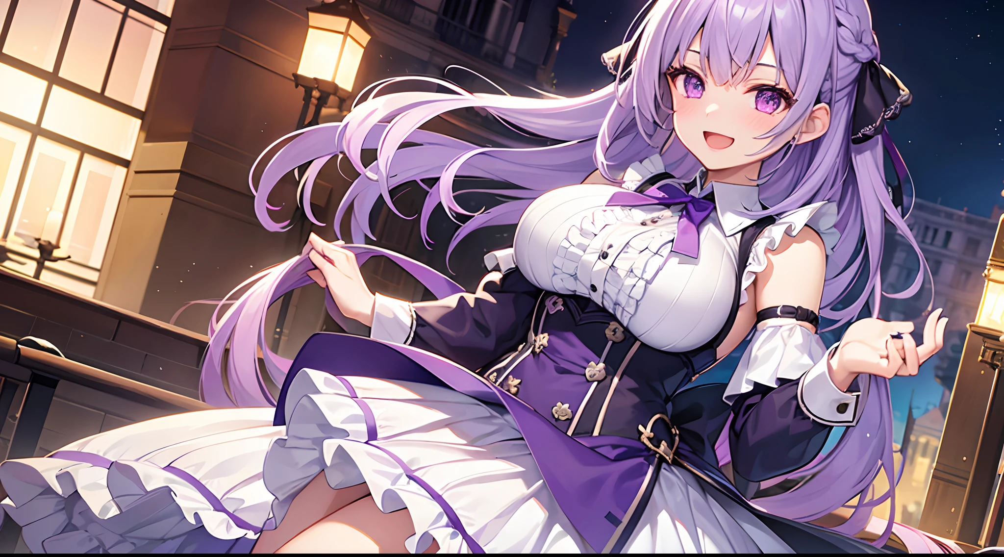 1 girl, game CG, frilled shirt, shoulders visible, short skirt, hair ribbon, gigantic breasts, light purple hair, long hair, french braid, purple eyes, park, smile, open mouth, dynamic,