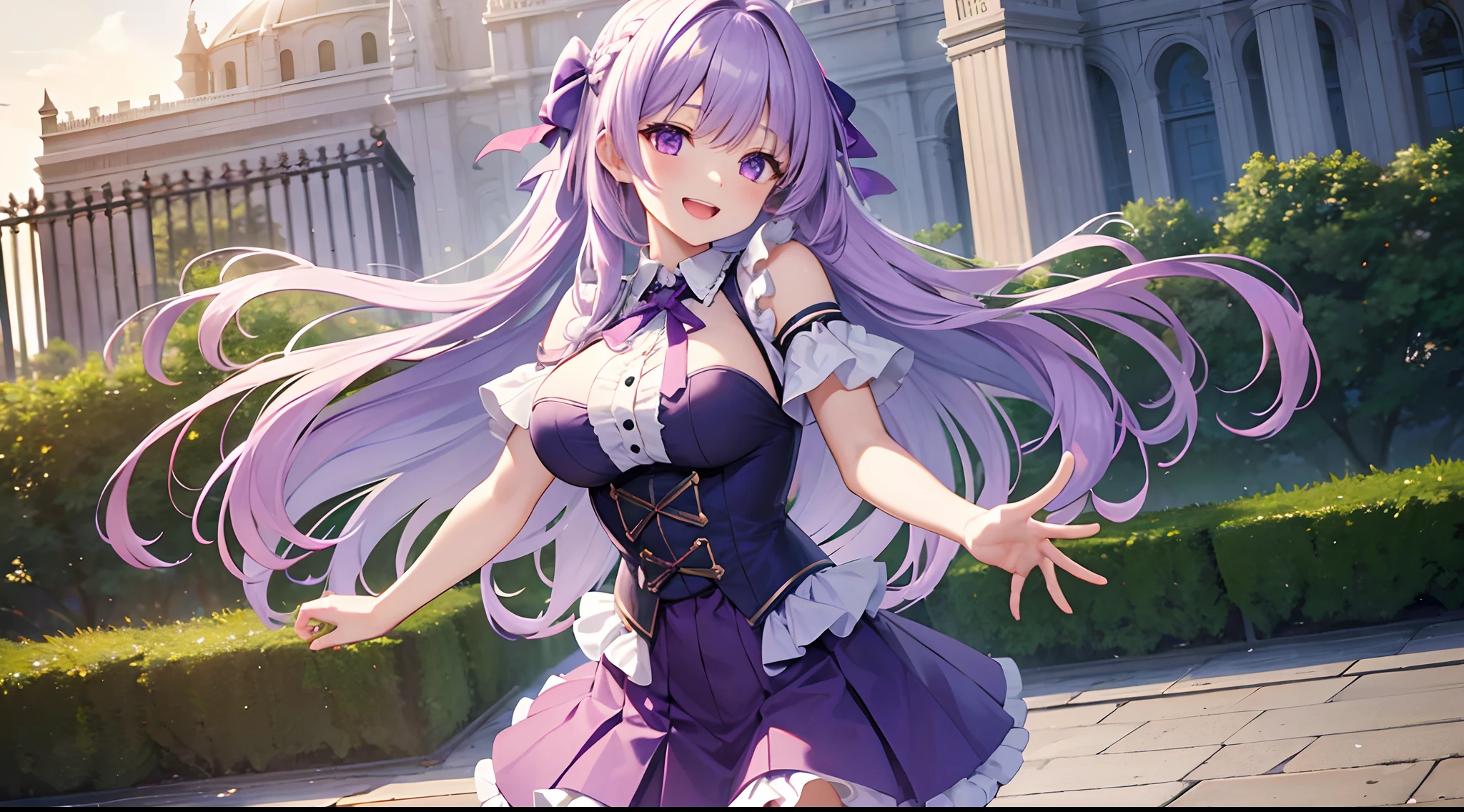 1 girl, game CG, frilled shirt, shoulders visible, short skirt, hair ribbon, gigantic breasts, light purple hair, long hair, french braid, purple eyes, park, smile, open mouth, dynamic,