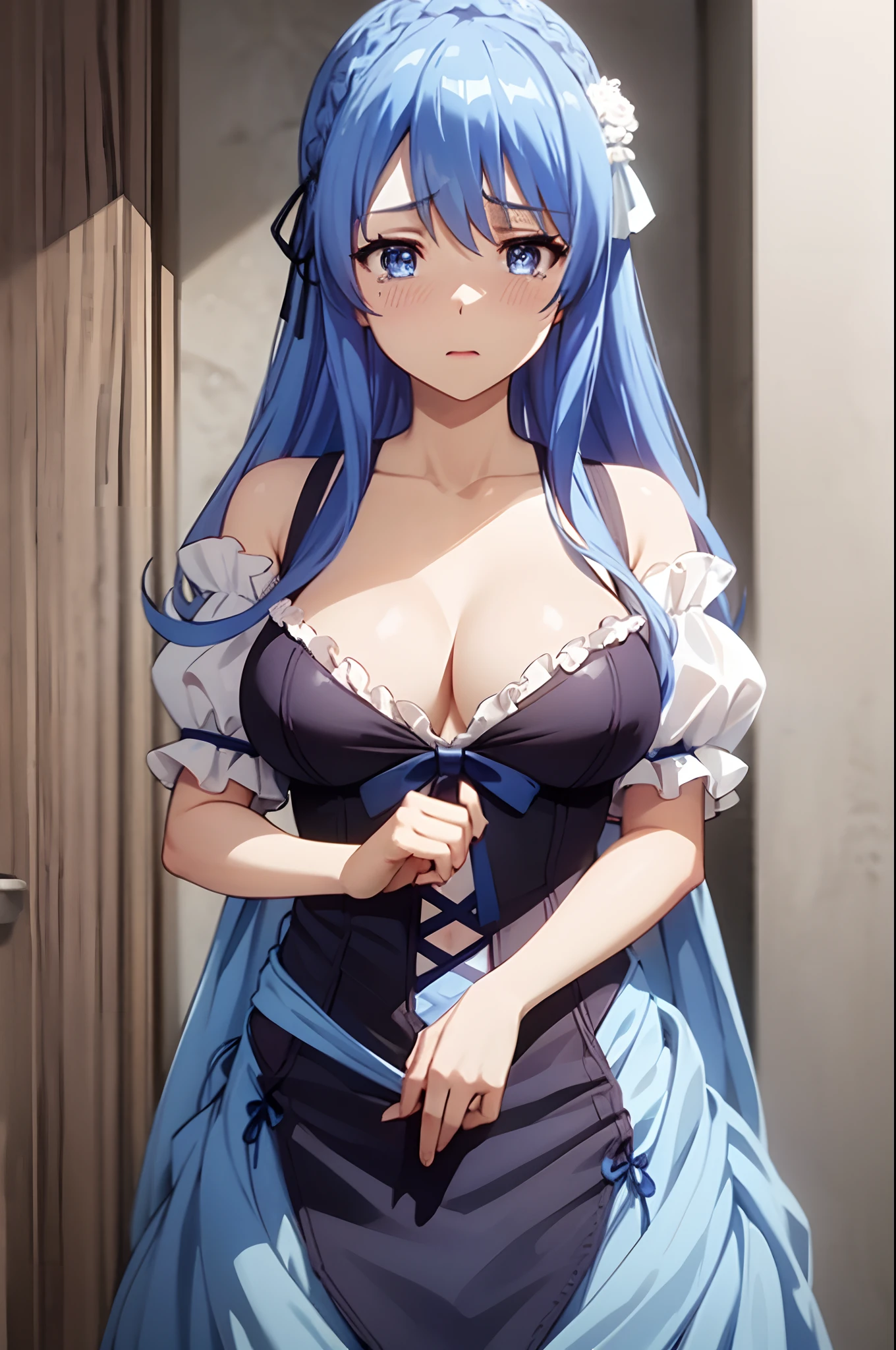 blue hair,masterpiece, best quality, 1girl, thick thighs, prison, large breasts, breasts out, topless, (blank blue eyes:1.2), tied_wrist, spread pussy, after sex, , blue eyes, frilled dress, blue dress, dress, puffy nipples, dark nipples, sex, cum, cumdrip, spread legs, (torn clothes:1.2), tears, streaming tears, crying with eyes open, drill hair, twin drills, looking away, fucked silly, bukkake, from front,