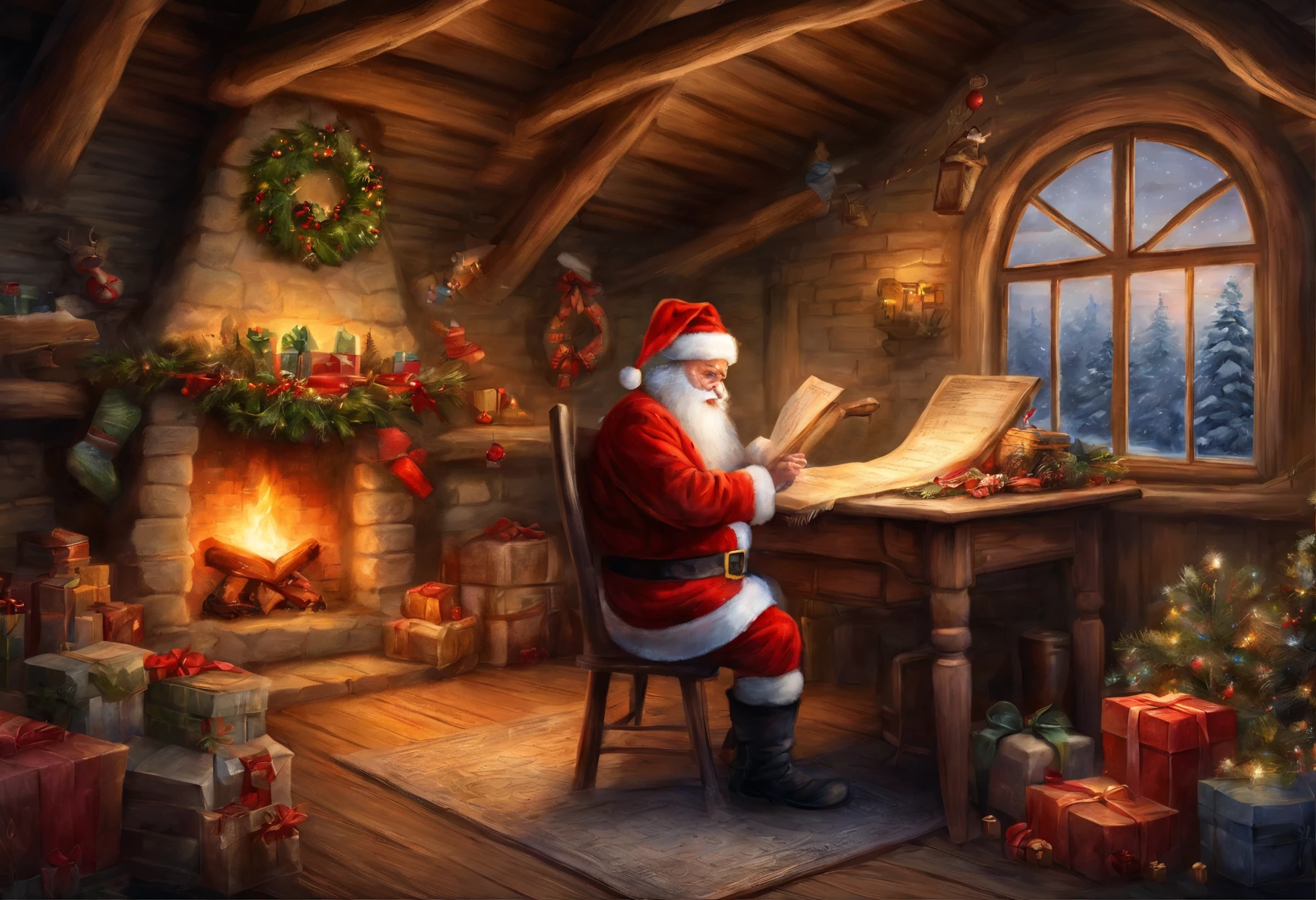 In a European style house,Santa Claus is looking at the gift list,Gift decoration Christmas tree, santa, elk,robin,Christmas elements,European style,The ground is full of Christmas presents,very high resolution, traditional art, Santa Claus Studio, 超高分辨率, illustration, Christmas evening, Extremely high resolution, Santa Claus in a country barn, hyper realisitc,Exquisite、best qualtiy、ultra-detailliert、Fine、Positioning details、Colorful colorful