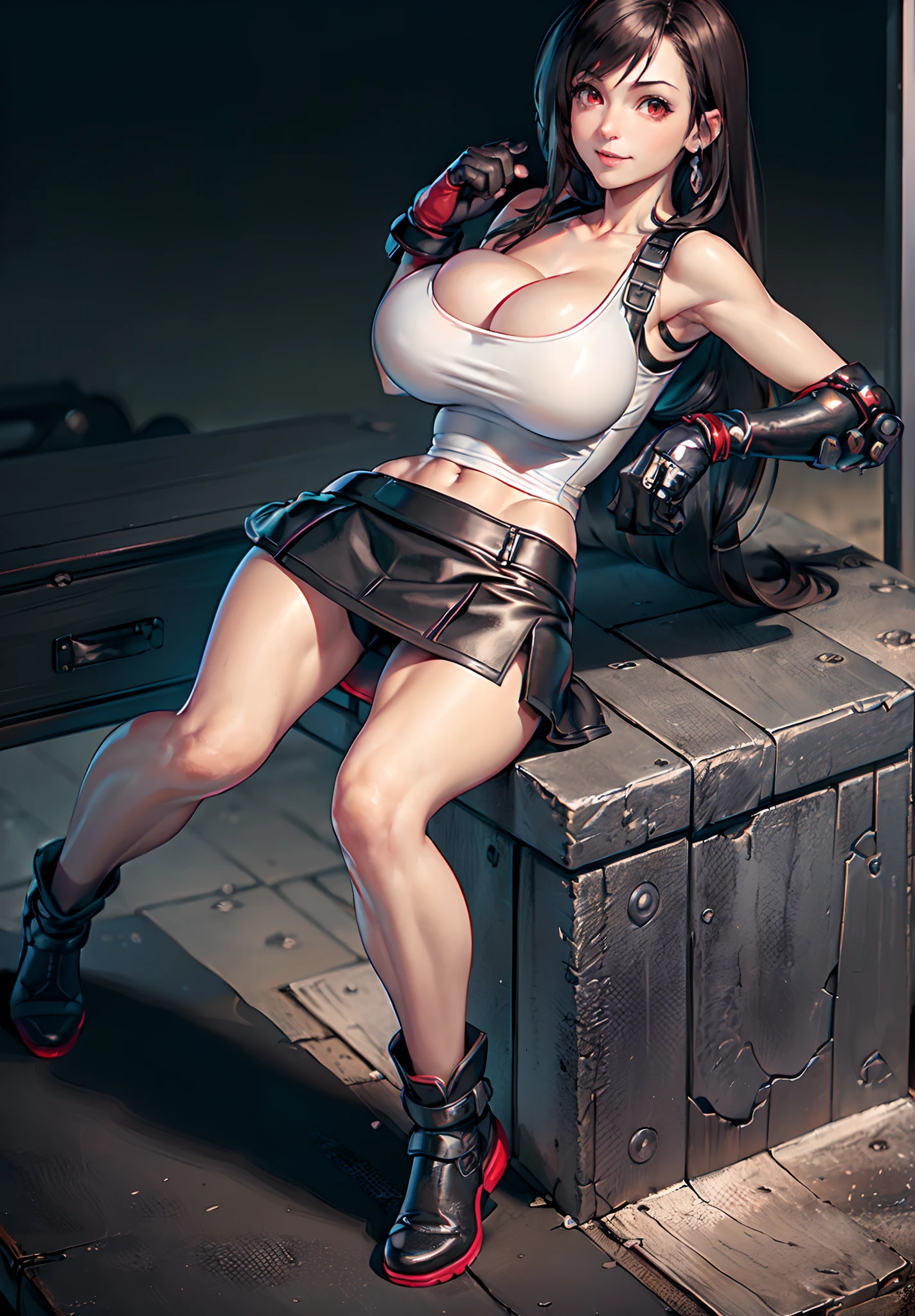 (8k, best quality, masterpiece:1.2), (realistic, photo-realistic:1.37), ultra-detailed, 1 girl,cute, solo, (tifa lockhart), ((huge breasts:1.6),(beautiful detailed eyes), (smile:1.4), winking (closed mouth), erotic pose, outside an industrial factory, depth of field, dark intense shadows, sharp focus, depth of field, good composition, Final Fantasy VII, (white tank top:1.3), (black leather mini skirt:1.3) (red gloves and boots) (full body:1.5), head rest, lips, pretty face, ((red eyes:1.3)), (night:1.2), intricate, bokeh, (Tetsuya Nomura style), nsfw, perfect breasts, view from behind, tall, long legs