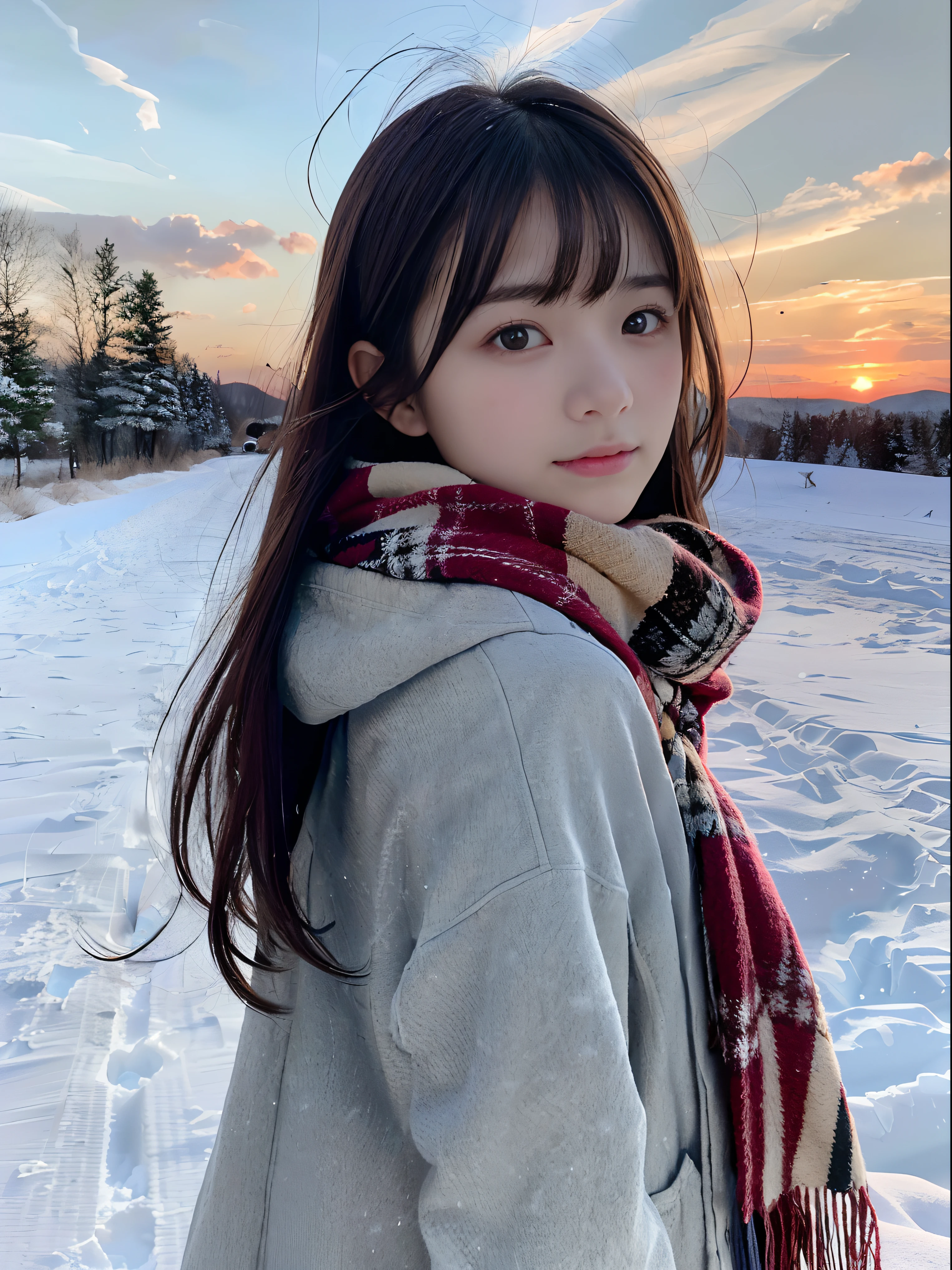 (Close up face focus of slender girl with long hair with dull bangs dressed in winter uniform with winter coat and scarf :1.5)、(Girl looks back with a sad face:1.5)、(Girl's hair fluttering in the wind:1.5)、(Beautiful snowy sunset red sky:1.5)、(Perfect Anatomy:1.3)、(No mask:1.3)、(complete fingers:1.3)、Photorealistic、Photography、masutepiece、top-quality、High resolution, delicate and pretty、face perfect、Beautiful detailed eyes、Fair skin、Real Human Skin、pores、((thin legs))、(Dark hair)