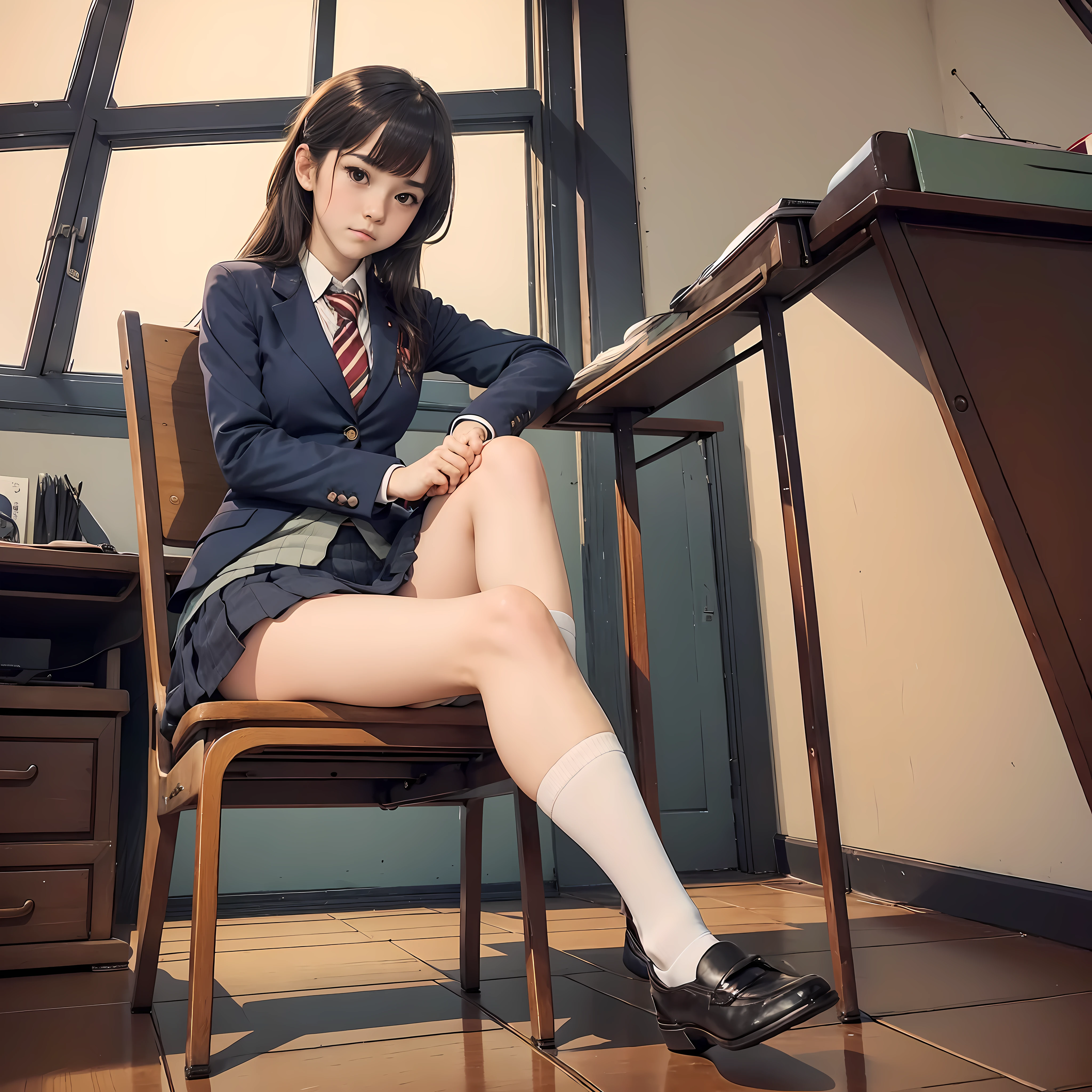 Japanese School, crass room, desk work, Chair, Beautiful High School Girl, Blazer, tie, high socks, Loafer schoolgirl, sit a chair, legs crossed, Looking down, (Foot View), Sullen expression,