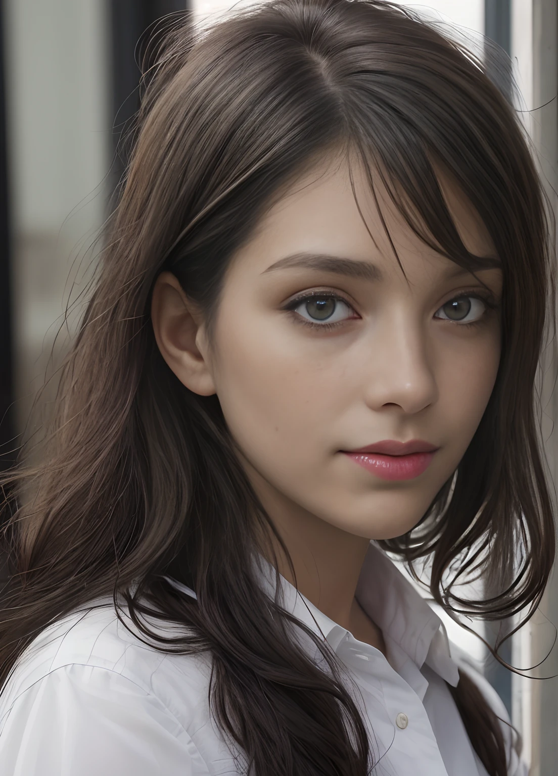 masterpiece, realistic, detailed eyes, beautiful, looking at the viewer, natural lighting, depth of field, film grain, wrinkled skin, 28yo, female, solo, wavy long black hair, black wide eyes, white, formal shirt, freckles, mysterious smile, lips, upper body, Portrait, Close-up, Front view, Exterior