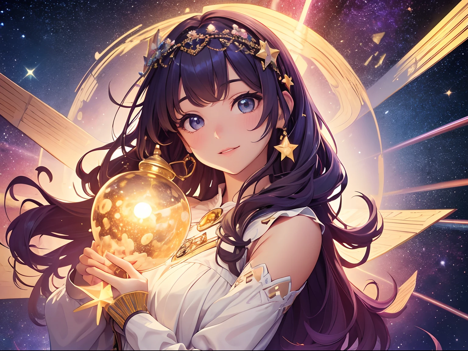 High detail, super detail, super high resolution, girl enjoying her time in the dream galaxy, surrounded by stars, warm light sprinkled on her, background is starry sky with colorful galaxies and galaxy clouds, stars flying around her, delicate face, adding playful atmosphere , --v6