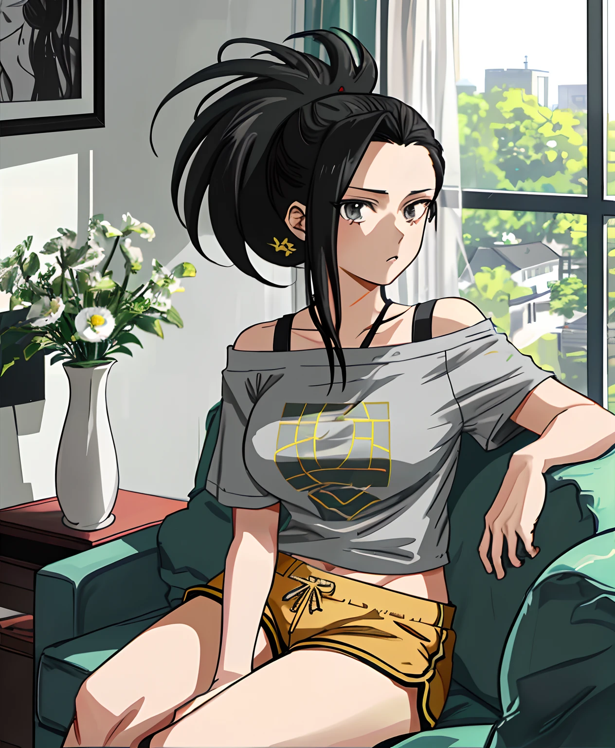 [momo yaoyorozu], [Boku no hero academia], ((masterpiece)), ((high quality)), ((HD)), ((solo portrait)), ((beautiful 2D art)), ((anime)), ((detailed shading)), ((intricate details)), {momo; (cute grey eyes), black hair, side bang, spikey ponytail, long eyelashes, large boobs, (beautiful legs), (beautiful lips), (expressionless)}, {(grey off-shoulder tee shirt), (yellow lounge shorts)}, {(sitting on couch), (tying ponytail), (looking at viewer)}, [Background; (living room), (window), (flower vase), (mansion)]