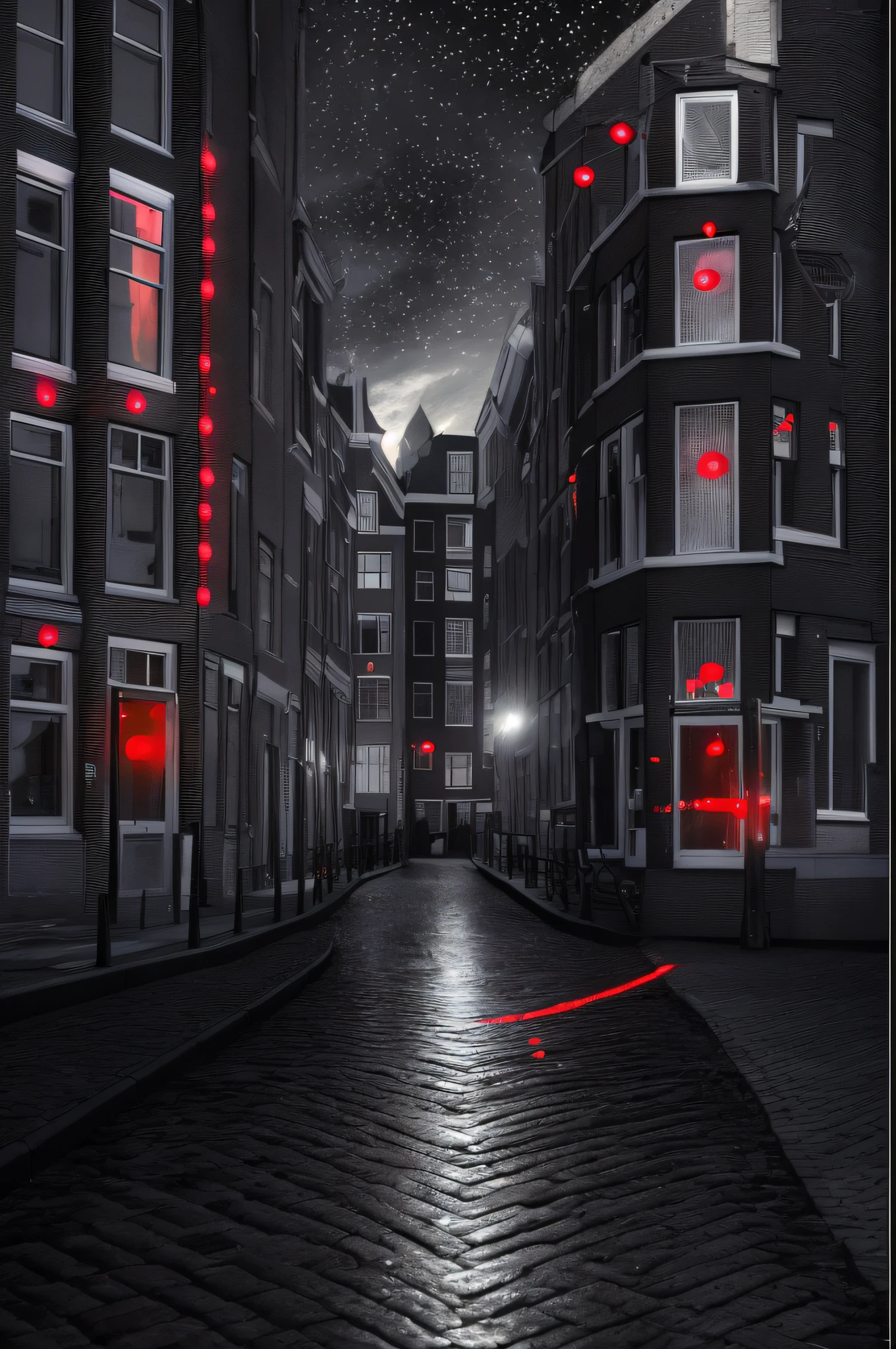 The red windows of Amsterdam, a (black and white:1.5) picture, a picture of a street on the river, you see the length of the street, the buildings from its start on the street are one or two stories high, its night time, there are (red lights:1.5) coming from the windows of the buildings, the other side of the street is the Amstel river, there is a (woman, standing with her back to the camera: 1.2), dynamic hair, ultra feminine, she wearing pantyhose, short skirt, and wearing high heels, the picture is a from street's floor, you see the street to the left there are the buildings and the light coming from them, and from the other side there is river, the woman is standing in the street, its night time, there is moon light and stars, ultra best realistic, best details, best quality, 16k, (ultra detailed: 1.5), masterpiece, best quality, (extremely detailed), ultra wide shot, photorealism, depth of field, hyper realistic