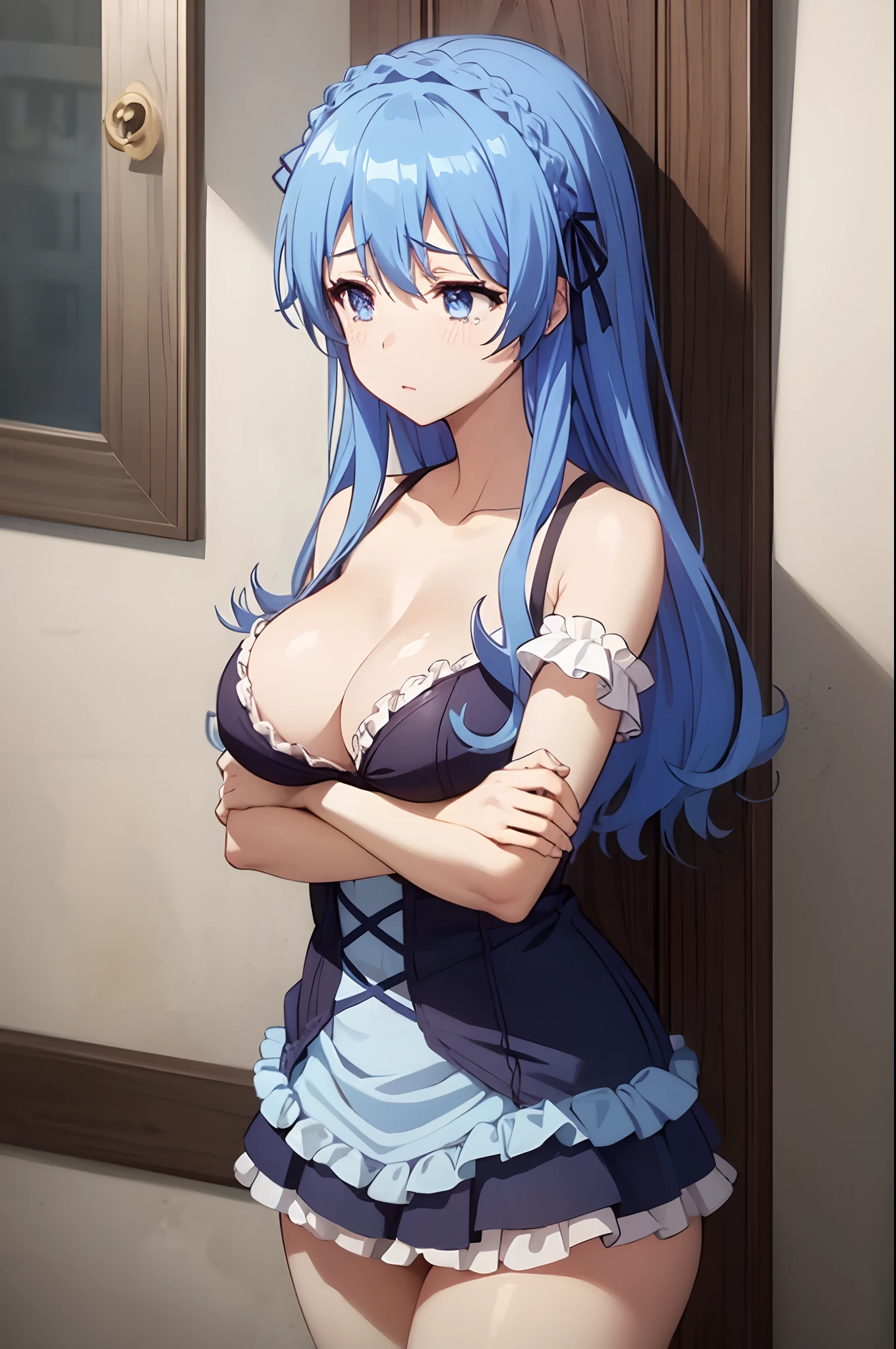 blue hair,masterpiece, best quality, 1girl, thick thighs, prison, large breasts, breasts out, topless, (blank blue eyes:1.2), tied_wrist, spread pussy, after sex, , blue eyes, frilled dress, blue dress, dress, puffy nipples, dark nipples, sex, cum, cumdrip, spread legs, (torn clothes:1.2), tears, streaming tears, crying with eyes open, drill hair, twin drills, looking away, fucked silly, bukkake, from front,