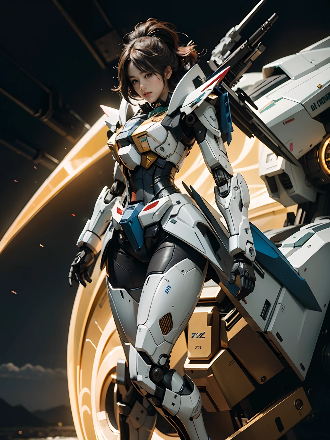 Textured skin, Super Detail, high details, High quality, Best Quality, hight resolution, 1080p, hard disk, a beauty、She wears a futuristic Gundam mecha(Gundam)