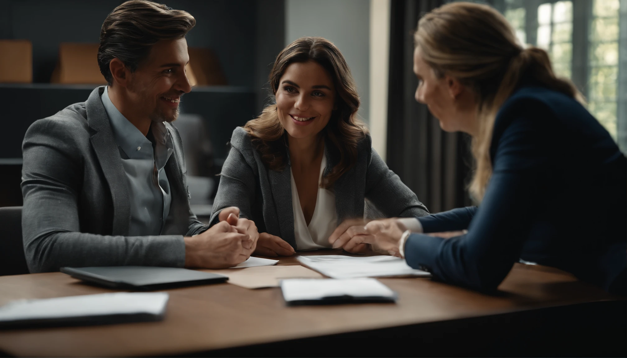 Porter veste gris au bureau en plein signature de contrat , des millions d'euros sur la table , negotiating with a married couple , face au bureau dans le bureau, regardant le couple en souriant, Young Métis woman Latin America