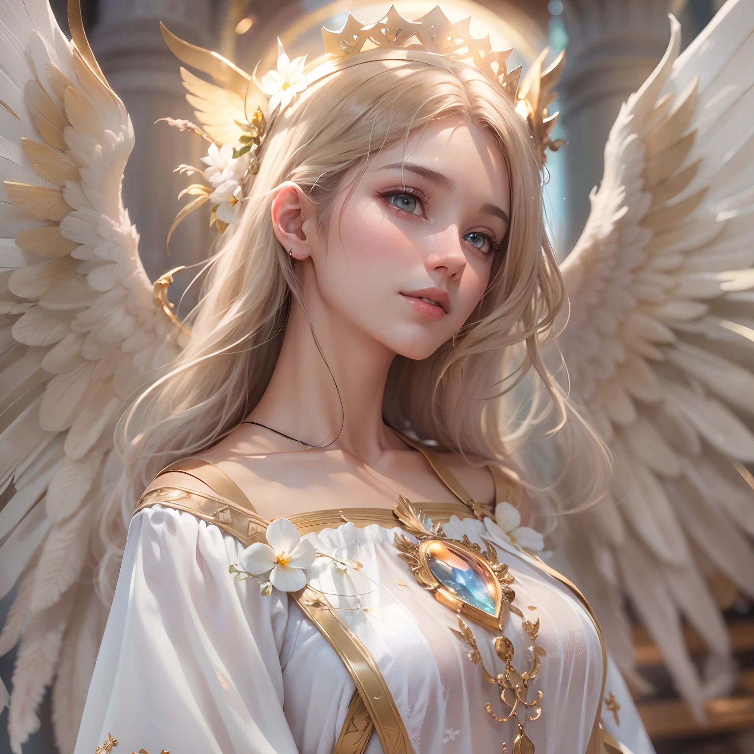 masterpiece, top quality, 8K, real person, realistic, very dense CG, shiny skin, fully focused, heaven, divine glory, radiant, angel, blessing, happiness,