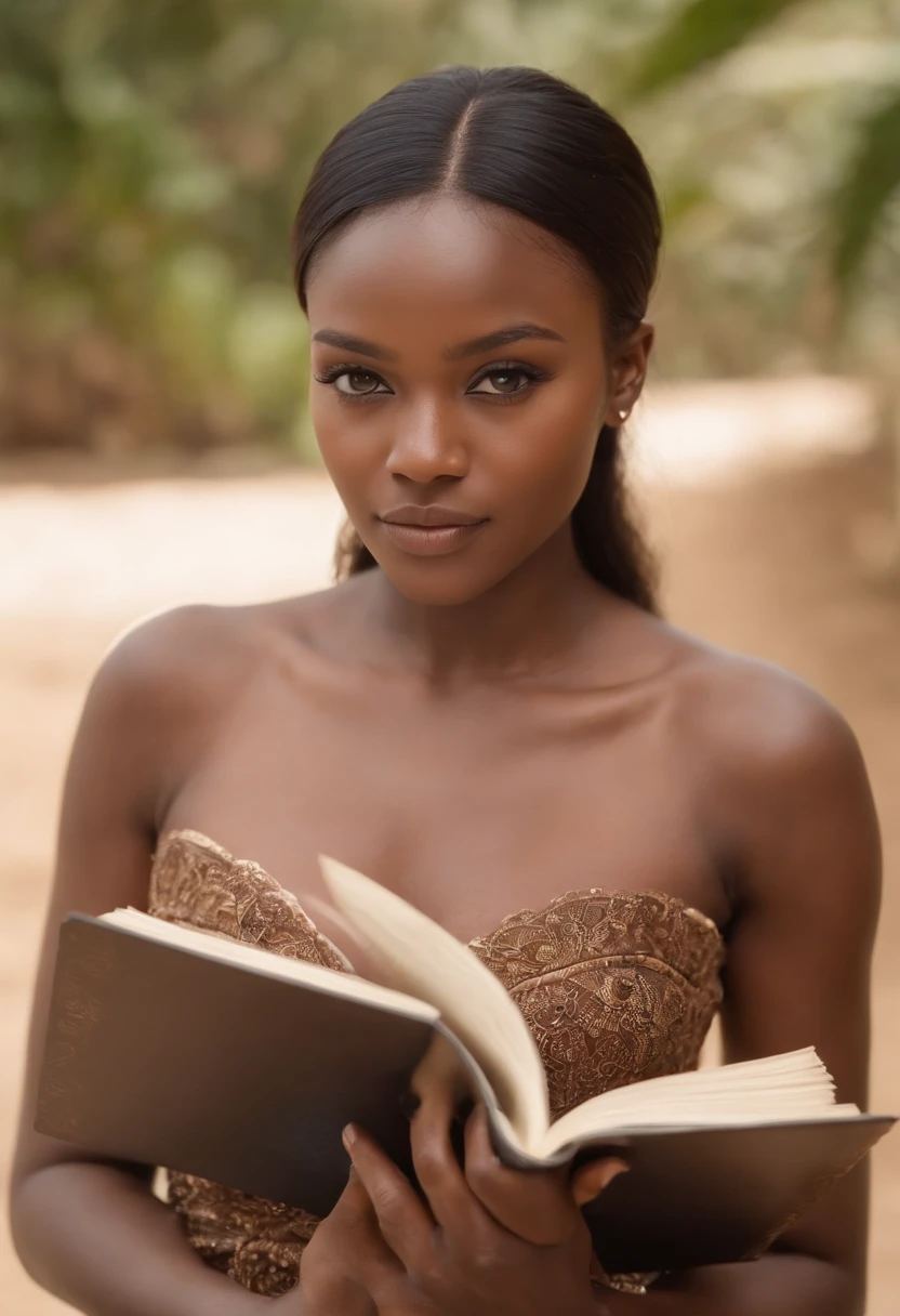 ((African dark skin,,A beautiful African ite in a stylish fashion posed seductively , with her book placed in front of her, gazing confidently into the book. The image is meticulously rendered in stunning high definition, capturing every detail with lifelike realism A mysterious map found within the pages - X marks the spot. What lies ahead in Malindi's de