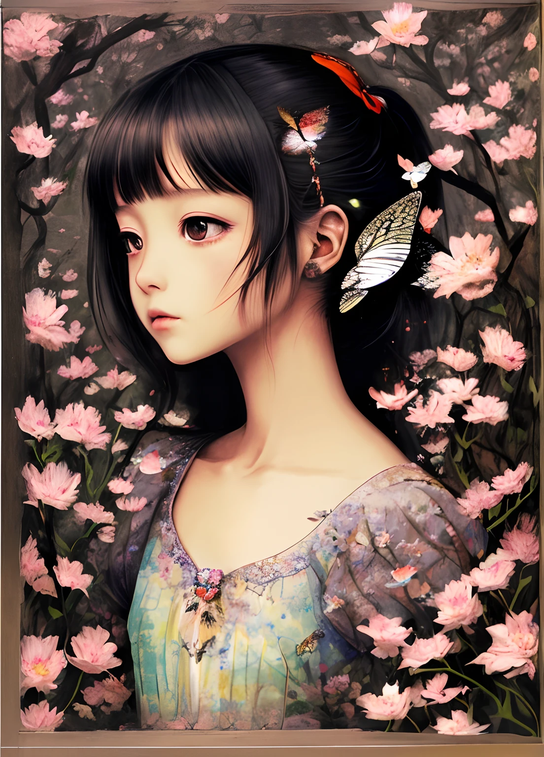 (by Yuko Higuchi:1.3),(by Miwa Komatsu:1.4),(masterpiece,best quality,Official fine art,Beauty and aesthetics:1.2),(ultra - detailed),finely detailled,best illustration,hand drawn high quality,(hight contrast),(clean linework:1.3),(lineart),line drawn,(Complex lines),ligne claire,Pen painting,dynamic angle,Simple color matching,(portrait,above chest,Extremely close: 1.1),zombie girl,little girl,(She was surrounded by dead trees:1.1),big eyes,(wave air,Pigtails),Corpose Bride,Wraparound composition,flat chest,mysterious night,(Increate details),(detailedbackground:1.2),(Light and elegant color scheme),A high resolution,an art deco,by yoshitaka amano,butterflys,Beautiful and complex,Wilted flowers