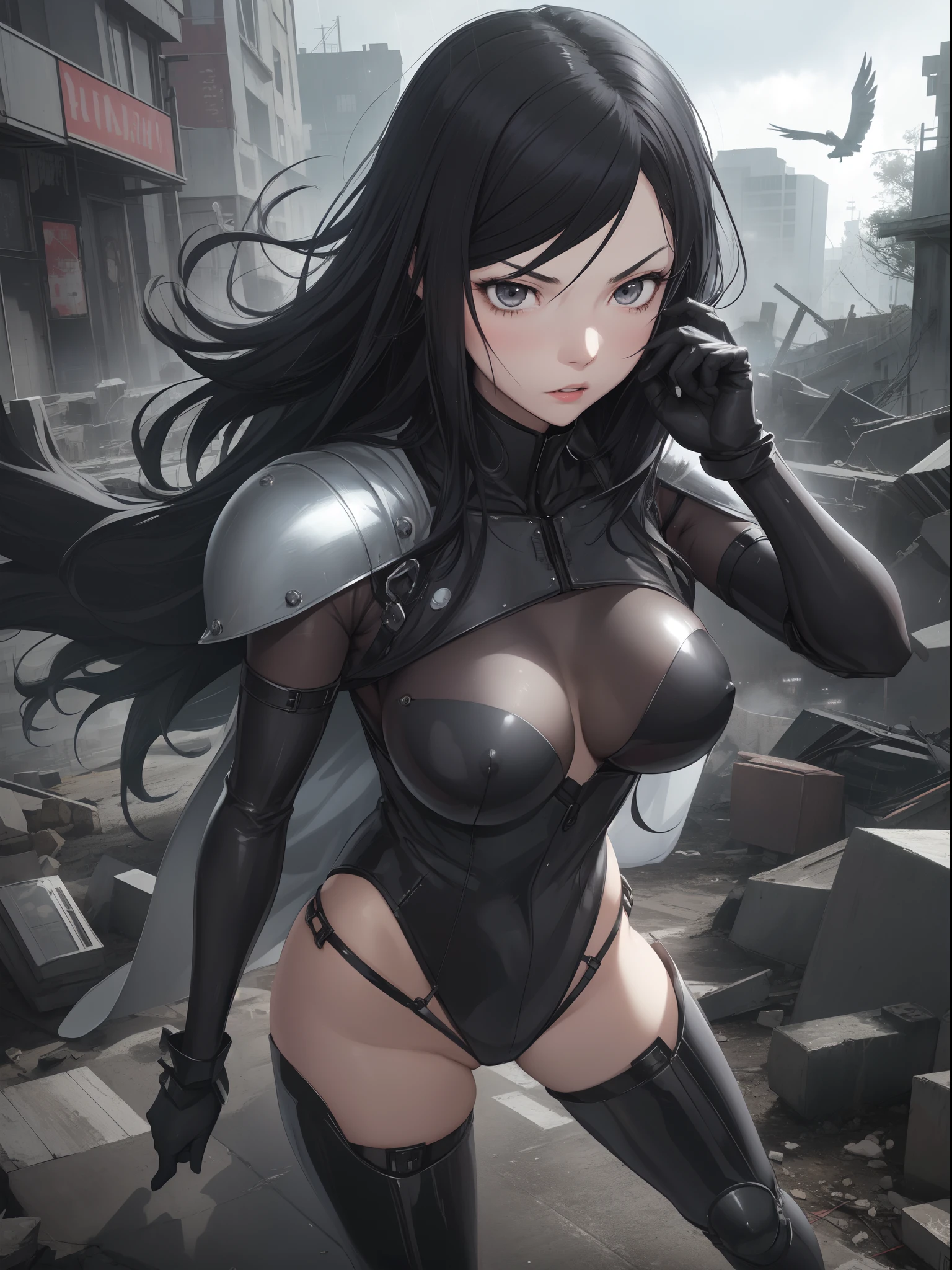 Kurihara Mari from prison school, black long hair, grey eyes, blushing, blushing cheeks, (wearing robotic bodysuit Armour, cape, metal hand gloves), running throught on the destroyed futuristic city, rainy weather, cinematic shadow, cinematic fog, crows in the sky, NSFW,
