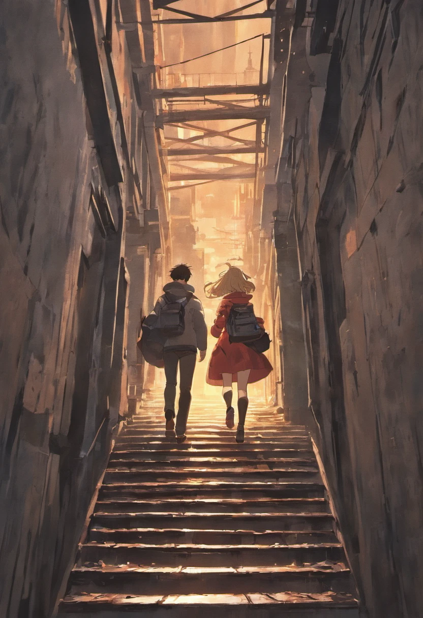 post-apocalyptic, romantic, two lovers running upstairs, sovietic condominium, steel stairs, evening, lighting, glare, cold