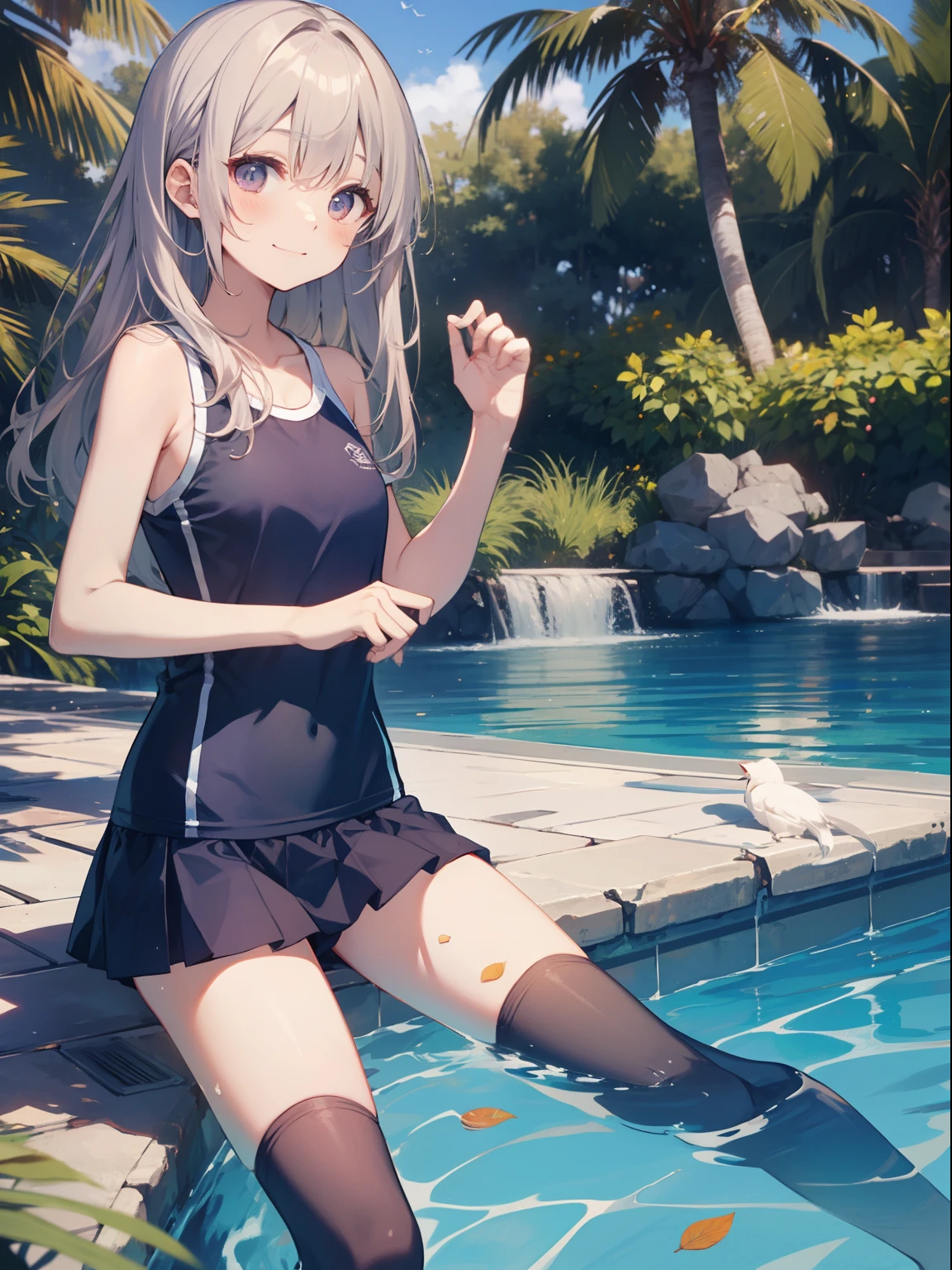 top-quality、Full limbs、complete fingers、Slender beauty、1 persons、ssmile、embarassed expression、School swim wear、Dark blue knee-high、Standing、straighten your legs