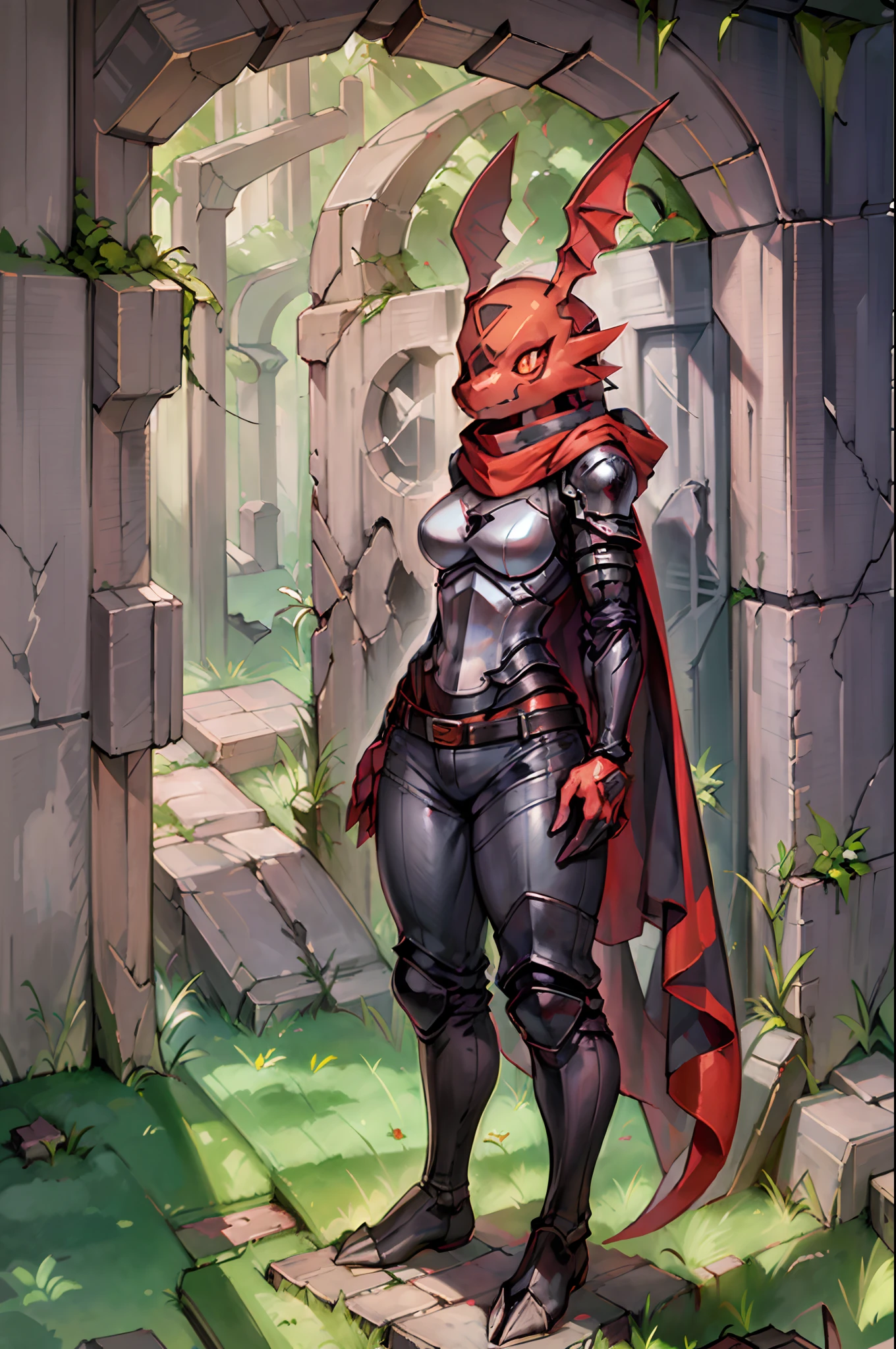 Masterpiece, best quality, ruins, crack, rubble, moss, grass, light amber eyes, solo, standing, guilmon, red body, tail, anthro, black tattoo,full armore, pants, tunic, medium breas, cloak, scarf, warior, knight, 1girl