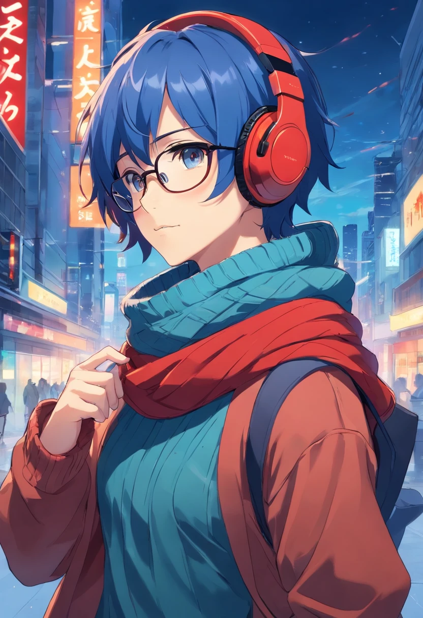 blue hair, red headphones, red scarf, blue sweater, black glasses, anime boy