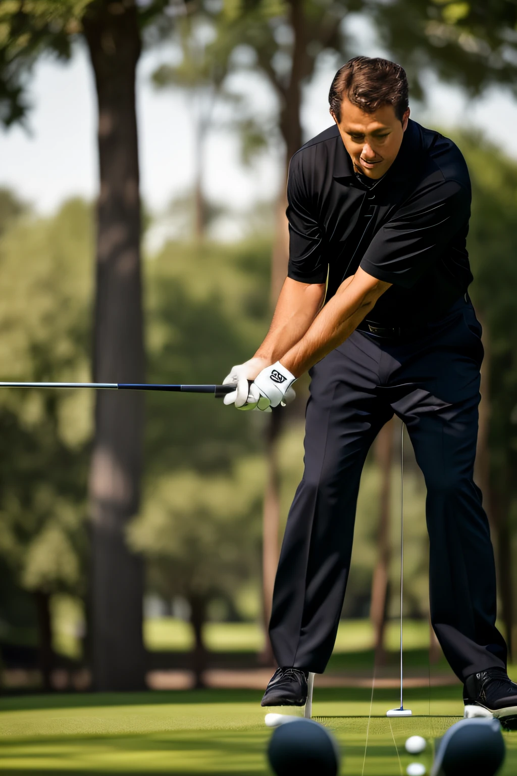 Ala Fed Man in black shirt swinging golf clubs with ball, Mid Action Swing, Shoulder Level Shots, head tilted downward, hip and leg shot, leg and hip shot, Launch a straight ball, Before the round, Medium Level Shots, Easy, promo shot, Long shot angle, dynamic angled shot, leg shot, overhead angle