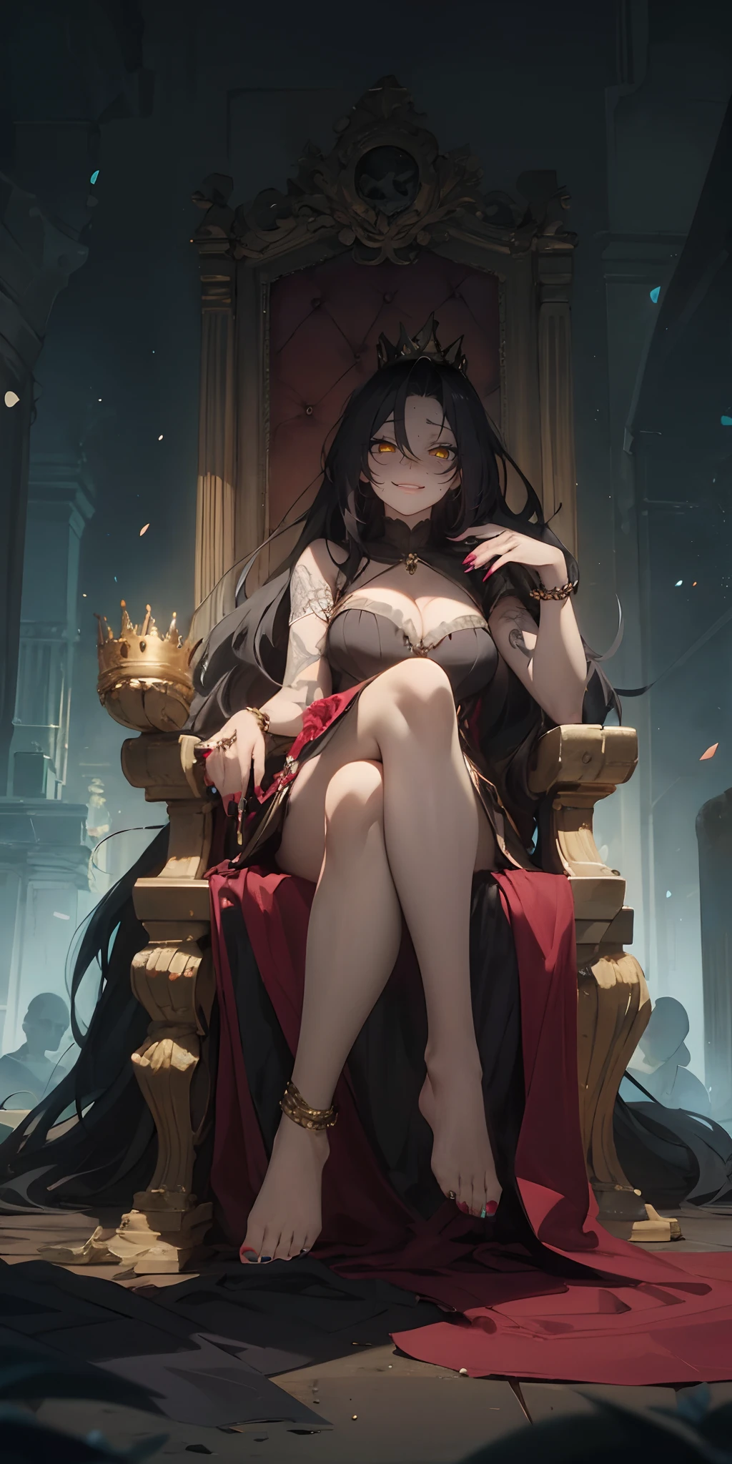 dominique_de_sade, (black hair, long hair, brown eyes:1.4), , forehead,1girl, throne, breasts, sitting, black_hair, barefoot, crossed_legs, large_breasts, nail_polish, solo, crown, skull, cleavage, blue_eyes, looking_at_viewer, armchair, closed_eyes, chair, dress, full_body, long_fingernails, jewelry, long_hair, fingernails, tattoo