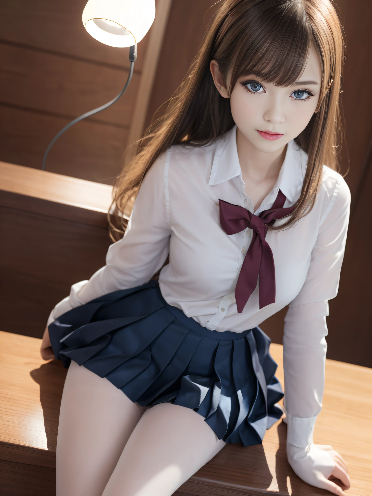 Ultra realistic 8K CG, Picture-perfect face, flawless, clean, masutepiece, Professional artwork, famousartwork, Perfect face, Beautiful face, Beautiful eyes, ((Perfect female body)), (Slender body), 16 year old girl, Solo, (Immersive atmosphere, Chiaroscuro:1.5, Bright light:1.2, Luminous lighting), (blush:0.5), fascinated expression, Extremely detailed_Eyes, Small breasts, beautifullydetailedbackground, depth of fields, Realistic:1.3, longshot, 1girl in, Shirt, Pleated skirt, Japan school uniform, Sitting, Full body, (ambient lights:1.3), (Cinematic composition:1.3), (Neon light:0.1), (nffsw:0.1), Accent Lighting, White pantyhose,Neat and clean lady,