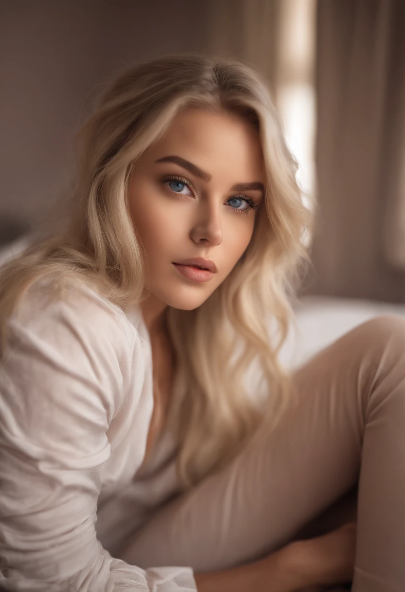 arafed woman fully , sexy girl with blue eyes, ultra realistic, meticulously detailed, portrait sophie mudd, blonde hair and large eyes, selfie of a young woman, bedroom eyes, violet myers, without makeup, natural makeup, looking directly at the camera, face with artgram, subtle makeup, stunning full body shot kneeling on bed, in bedroom, medium to large size bust